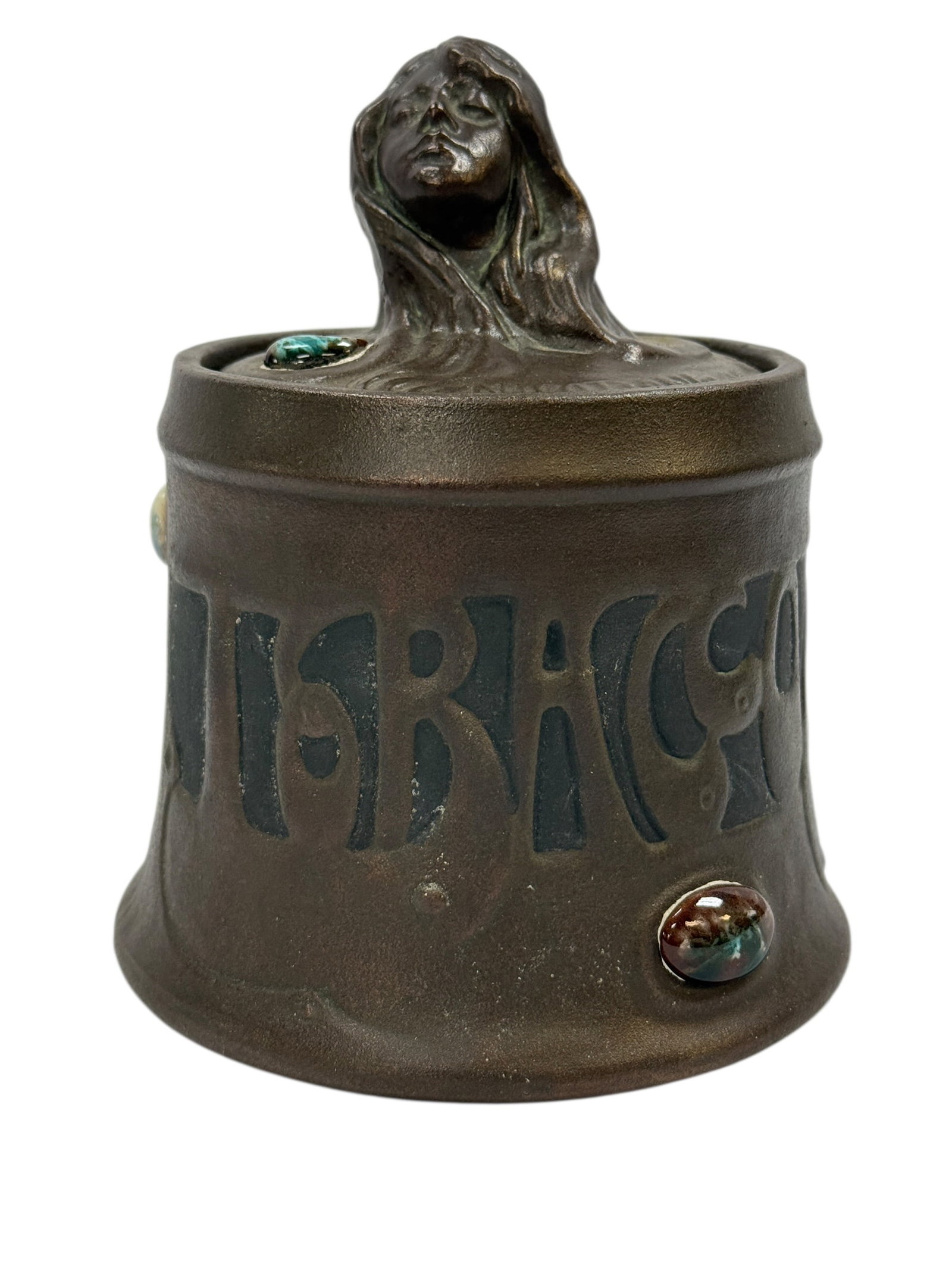 RARE Late 19th / Early 20th C. Bretby Art Nouveau Pottery Tobacco Jar: An exceptional and scarce English Art Nouveau pottery tobacco jar by Bretby, England, model number 1634, dating to the late 19th or early 20th century, featuring a richly modeled figural lid surmounte