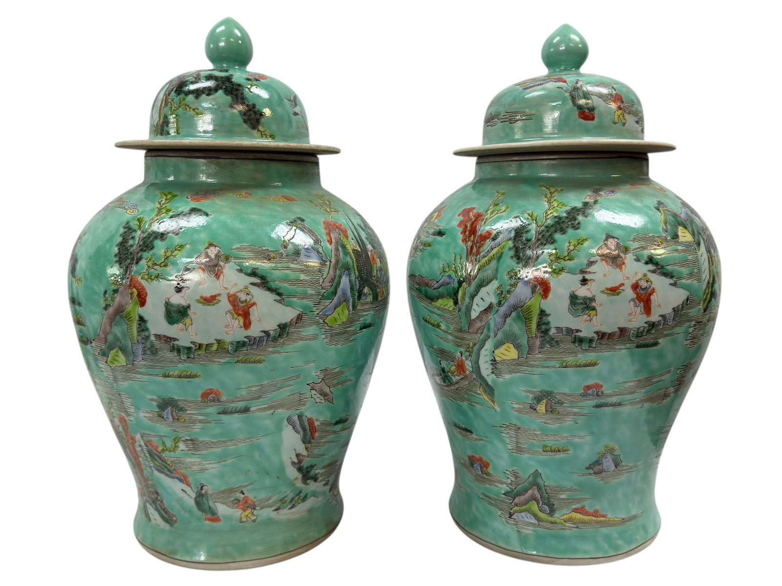 Pair of Chinoiserie Style Green Ground Porcelain Lidded Ginger Jars (1 of 9)