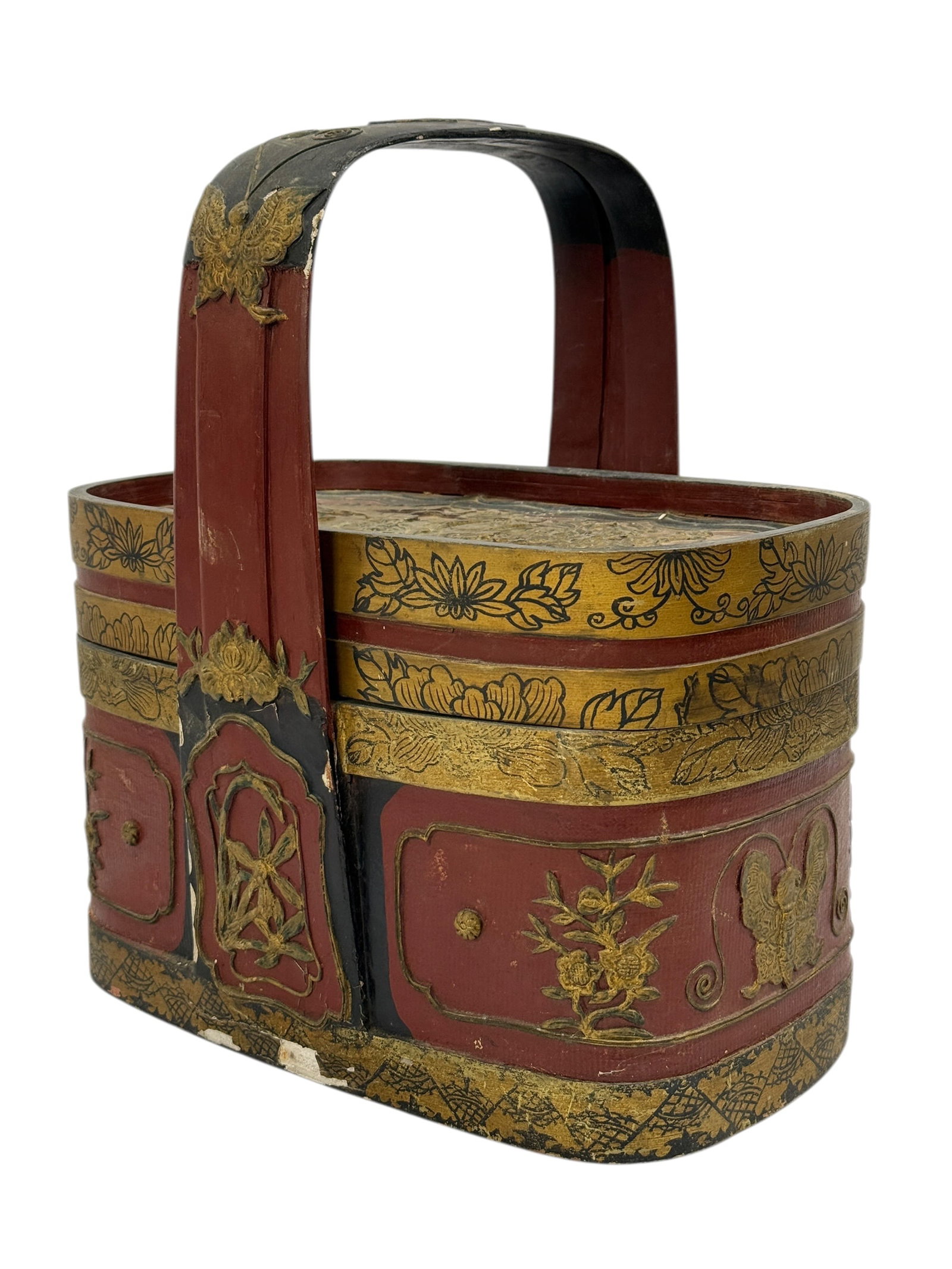 Antique Chinese Export Gilt Decorated Red & Black Lacquer Wedding Basket (1 of 13)