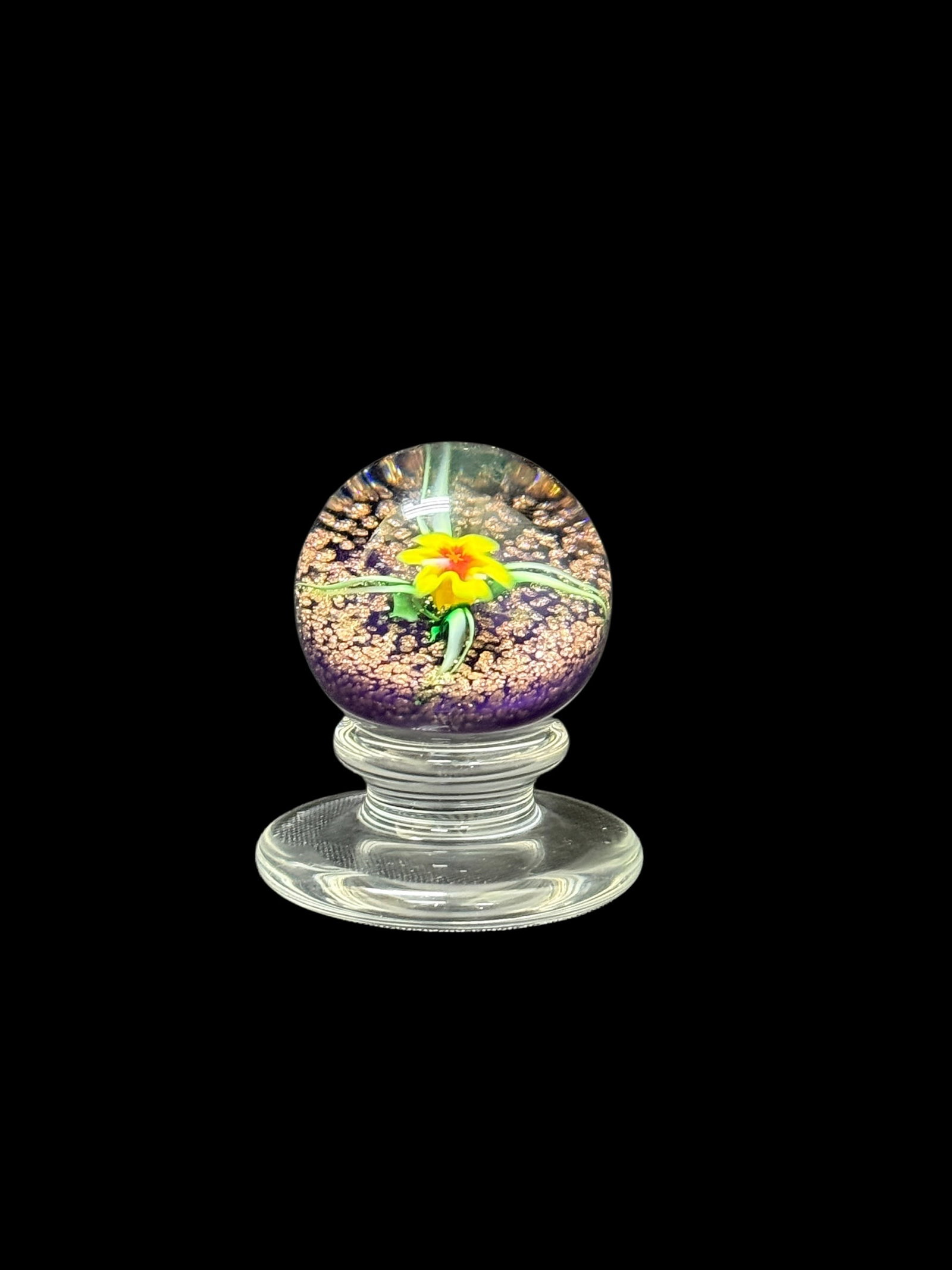 Charles Kaziun Jr. Spider Lily Lampwork Art Glass Pedestal Paperweight: A fine and collectible mid-20th century American art glass pedestal paperweight by Charles Kaziun Jr. (1919–1992), showcasing his signature lampwork technique with a vibrant yellow and orange spider