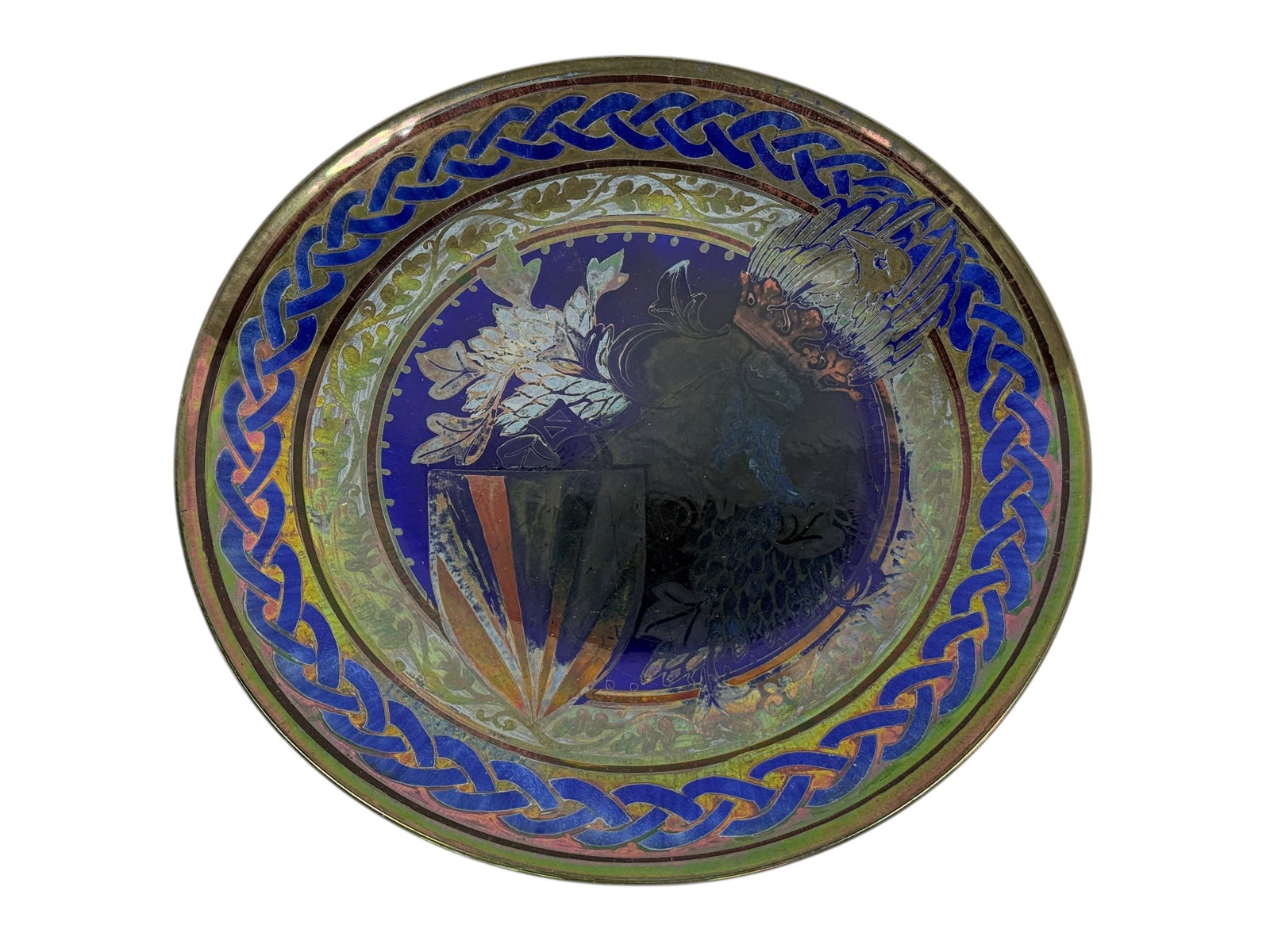 RARE 1919 Pilkington's Royal Lancastrian Lustre Heraldic Plate by William S. Mycock: A rare and visually striking Pilkington’s Royal Lancastrian pottery lustre charger, dated 1919, decorated by noted artist William S. Mycock, featuring a richly detailed central heraldic composition