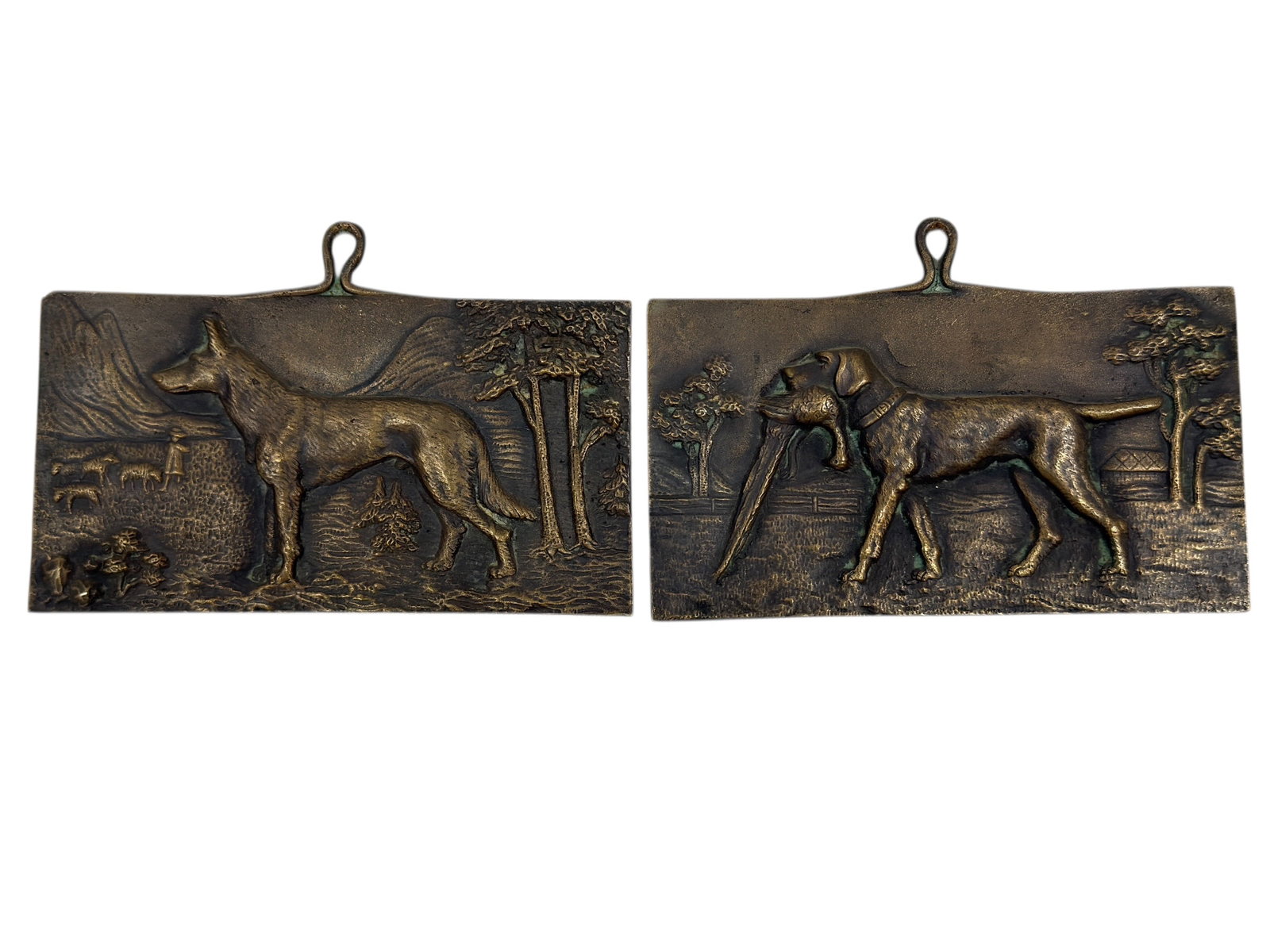 (2) Cast Bronze Hunting Dog Wall Plaques w/ Sporting Scenes: A decorative pair of vintage cast bronze wall plaques depicting finely modeled hunting dog scenes in relief, likely mid-20th century and inspired by traditional sporting art, each rectangular plaque f