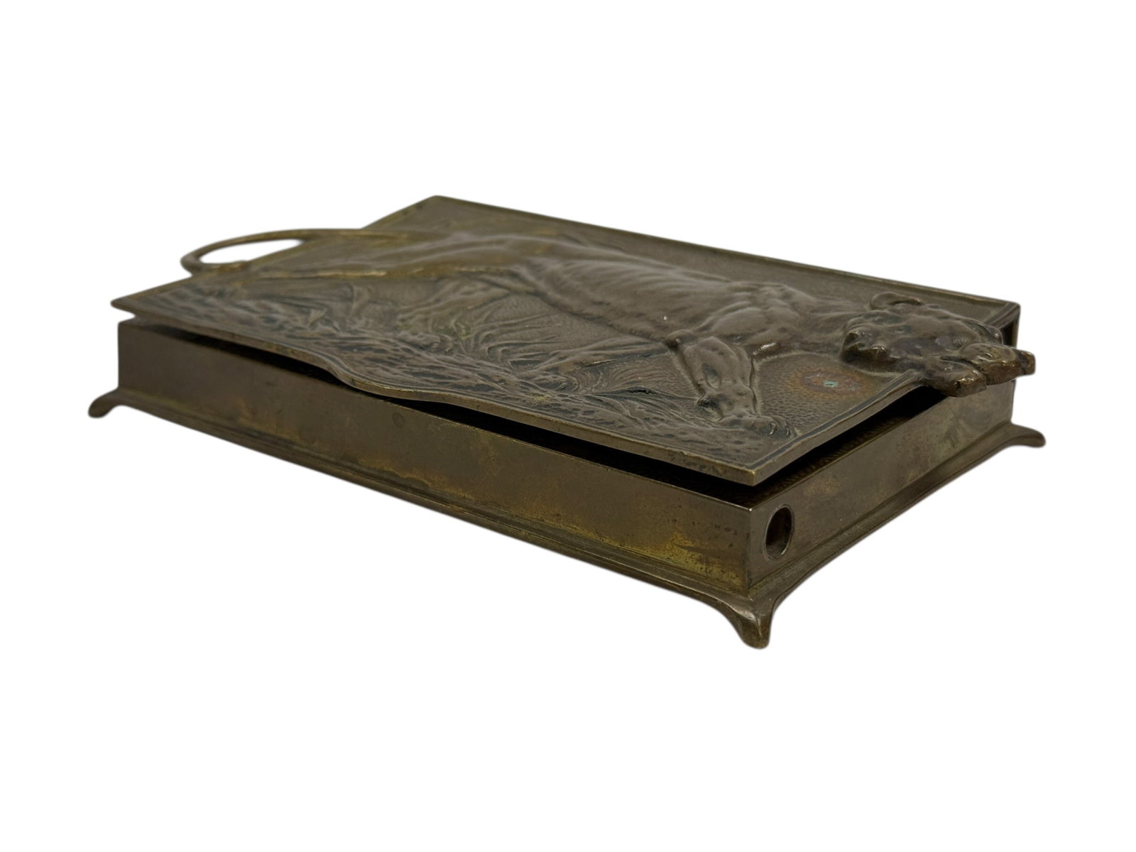 Early 20th Century Austrian Bronze Desk Stamp Box with Hunting Dog Motif: A finely cast early 20th century Austrian bronze desk stamp box featuring a richly modeled relief of a stalking hunting dog in motion across a naturalistic landscape, the lid hinged and opening to rev