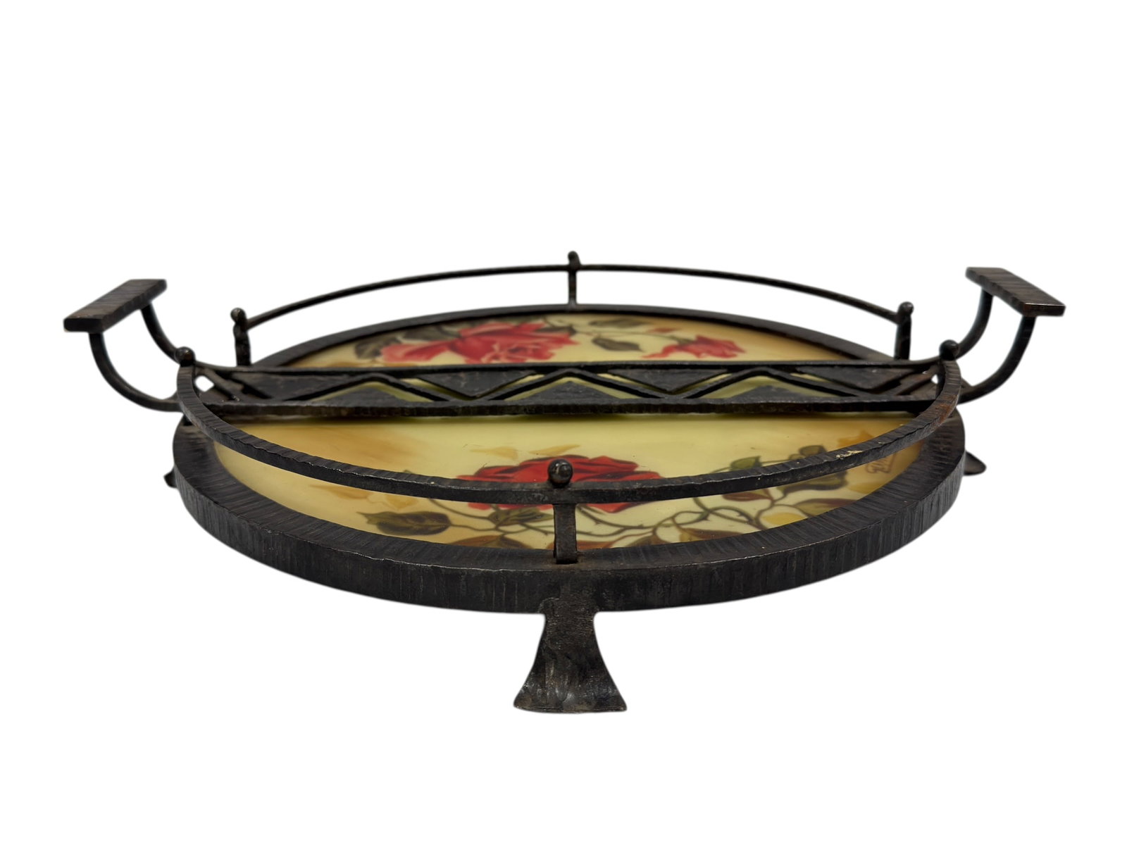 Signed "Germonde" French Art Deco Wrought Iron & Hand-Painted Glass Tray (1 of 8)