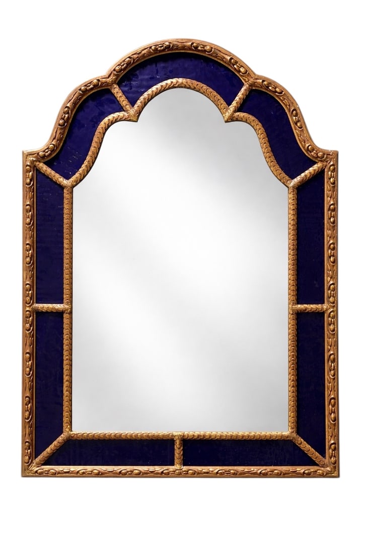 Decorative Arched Wall Mirror w/ Gilt Gesso Frame & Blue Glass Border (1 of 4)