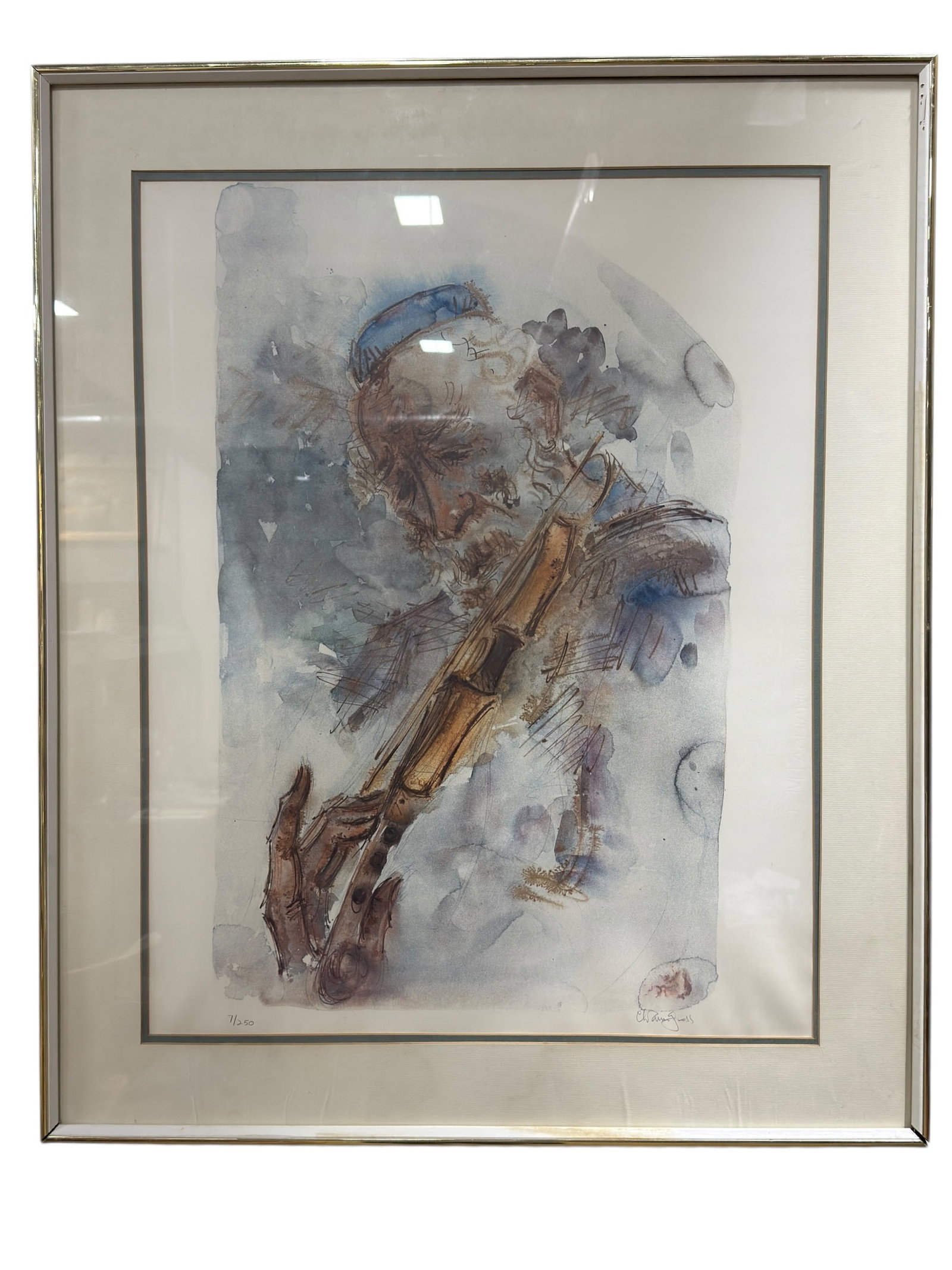 Signed Chaim Gross Limited Edition Color Lithograph, Figural Musician: A finely executed color lithograph on paper by noted American modernist sculptor and printmaker Chaim Gross (1904–1991), depicting an expressive figural portrait of a musician rendered in a loose, g