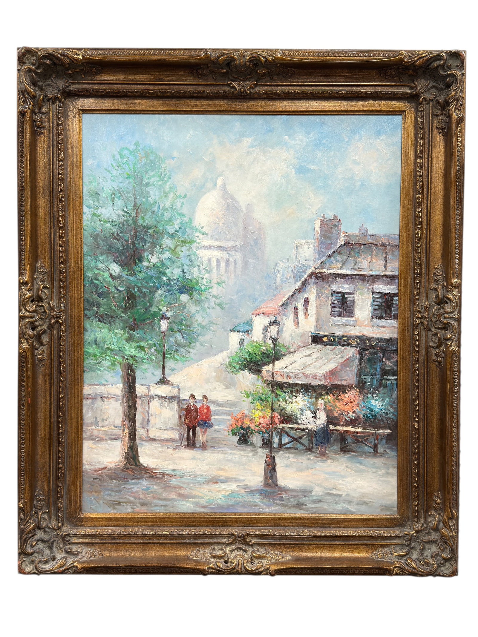 Mid-Century Impressionist Paris Street Scene – Montmartre View: A decorative mid-20th century oil on canvas painting depicting a charming Parisian street scene in an impressionistic style, likely inspired by Montmartre with the softly rendered dome of Sacré-Cœur