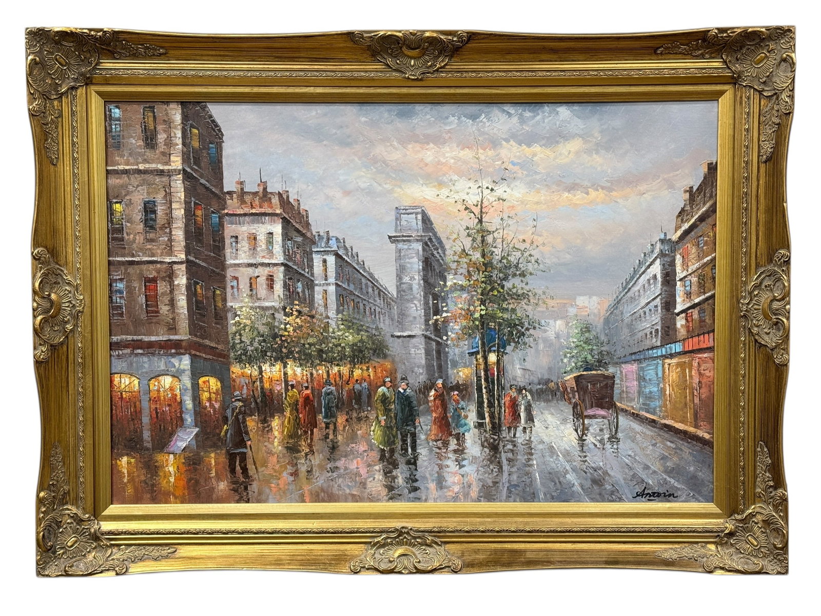 Signed 20th C. French Impressionist Street Scene Oil on Canvas: A charming 20th century French impressionist-style oil on canvas depicting a lively Parisian boulevard scene rendered in a richly textured palette, signautre seems to read “Antoin” at lower ri