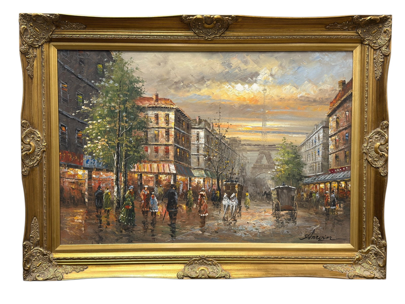 Signed F. Rae Reverse Painted "Nautical Scene" Pairpoint Table Lamp: A vibrant 20th century French impressionist-style oil on canvas depicting a bustling Parisian boulevard with the Eiffel Tower rising in the atmospheric distance, signed “Antoin” at lower right