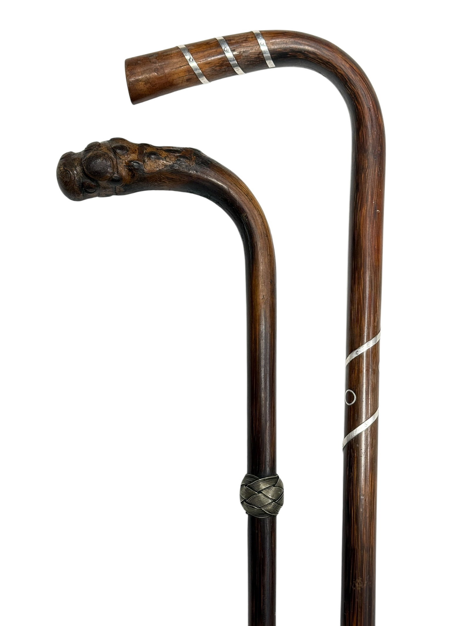 (2) Early 20th C. Sterling-Mounted Bamboo & Carved Wood Canes (1 of 9)