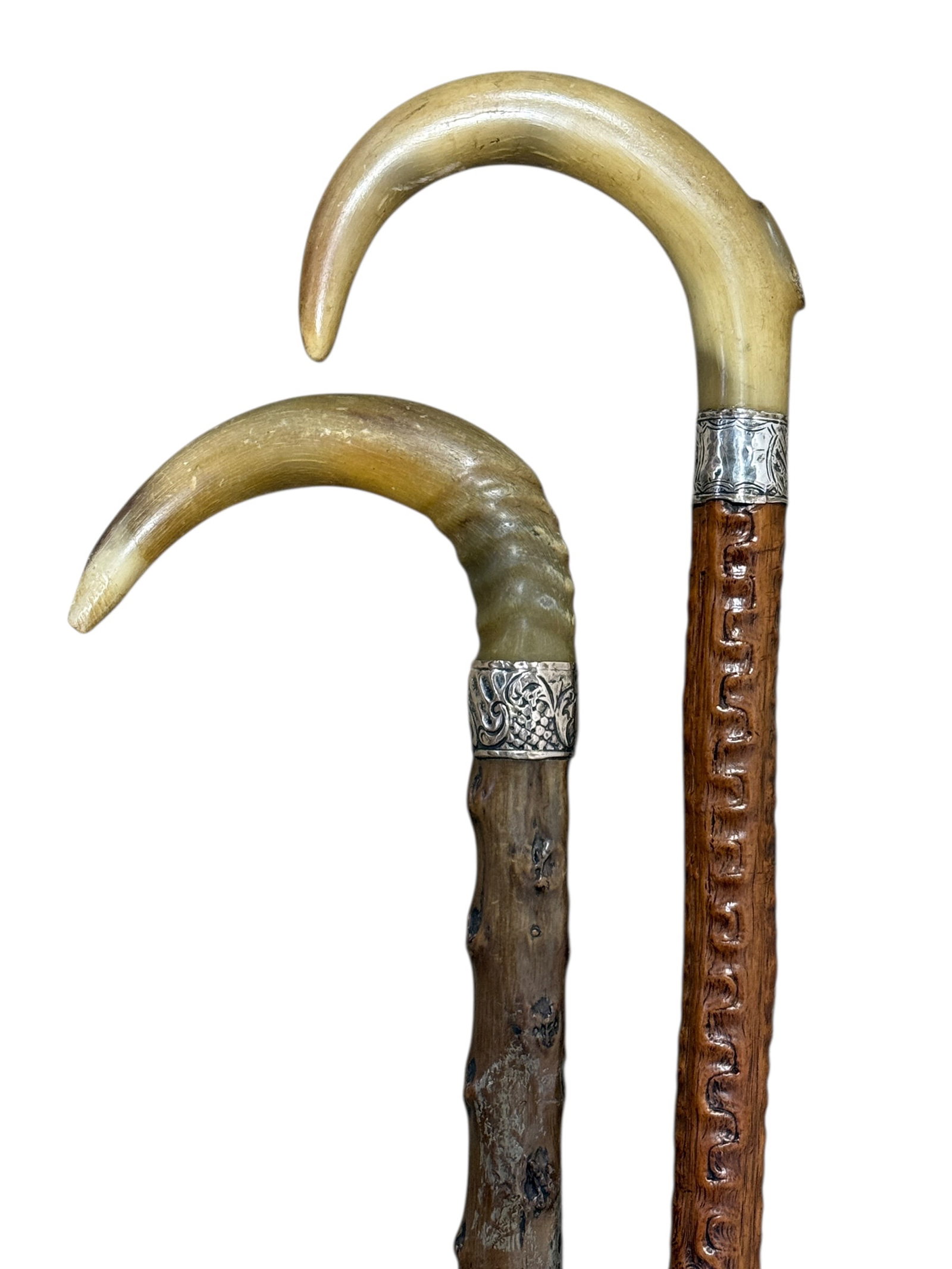 (2) Antique Silver Mounted Horn Handle Canes with Carved Wooden Shafts (1 of 16)