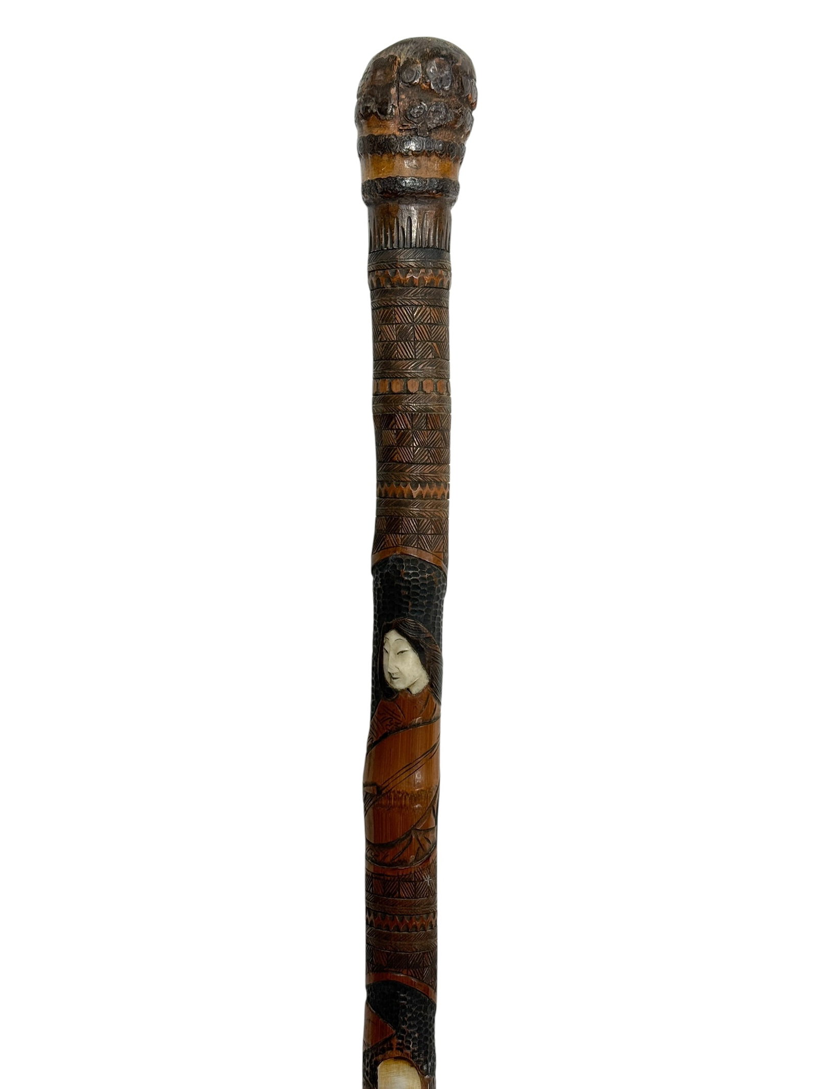 Late 19th C. Asian Carved Wood Cane w/ Bone & Mother-of-Pearl Inlay (1 of 11)
