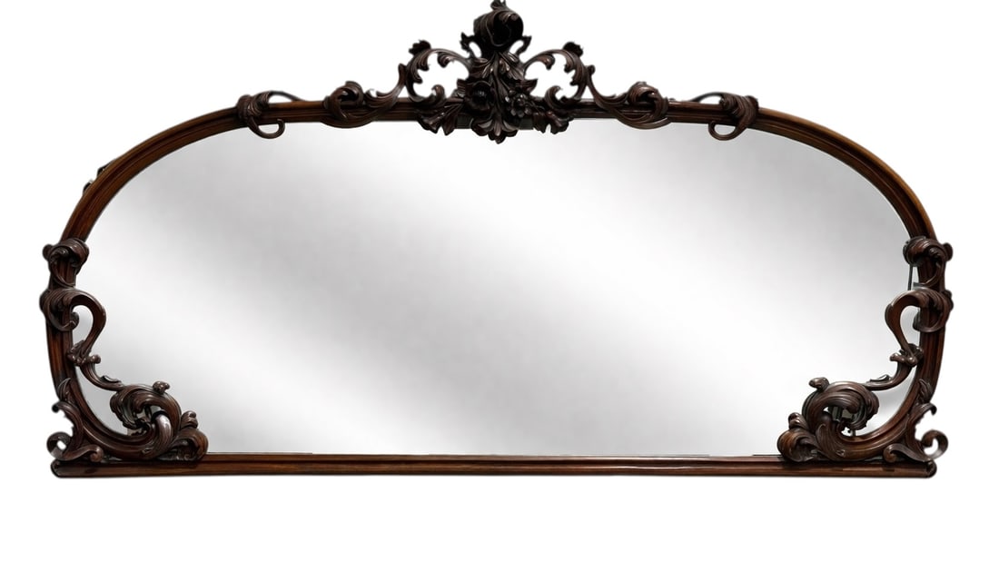 Late 19th C. Victorian Carved Walnut Wall Mirror w/ Rococo Revival Influences: An impressive late 19th century Victorian wall mirror, circa 1880, crafted in richly toned walnut and exhibiting strong Rococo Revival influence rather than strict Eastlake form, the expansive arched
