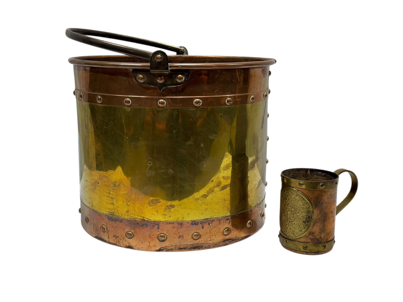 Copper Bucket & Decorative Mug w/ Aztec Calendar Medallion (1 of 12)