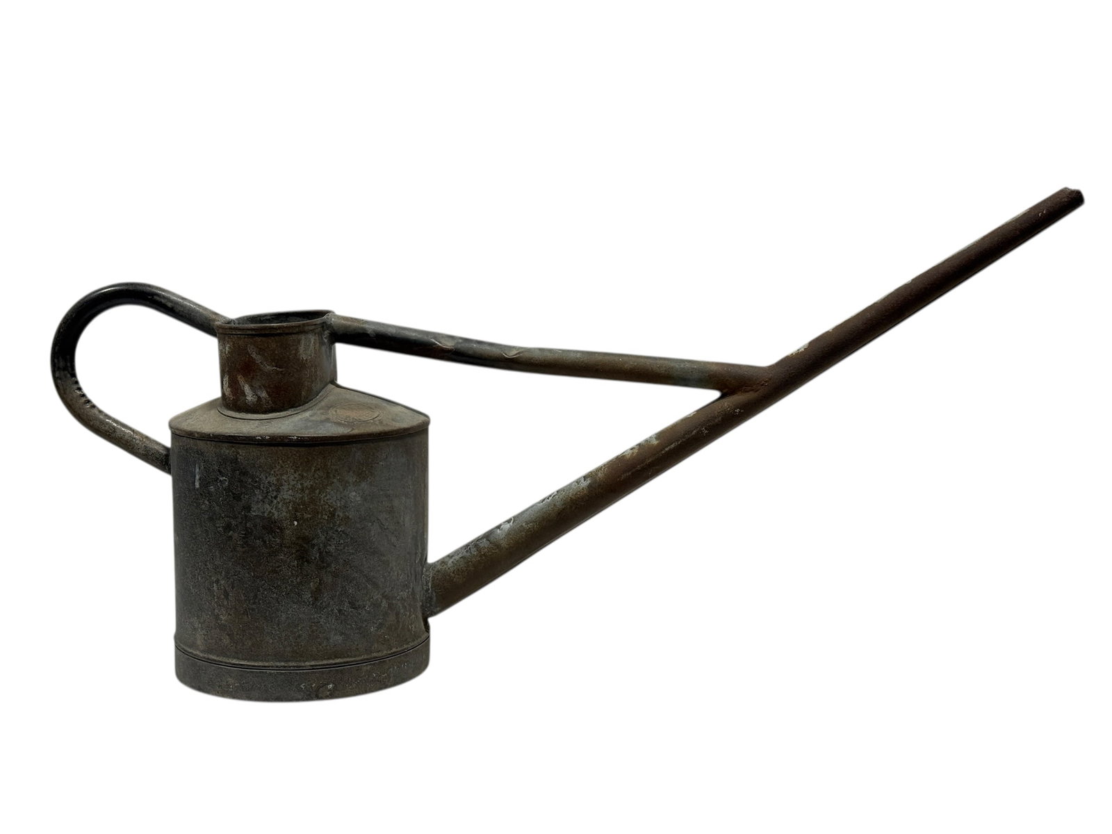Antique Haws "The Fountains" Long Spout Metal Watering Can: An antique metal watering can of classic English form, featuring a cylindrical body with fixed top opening, long tapered spout, and rear loop handle, bearing a stamped oval mark on the top reading “