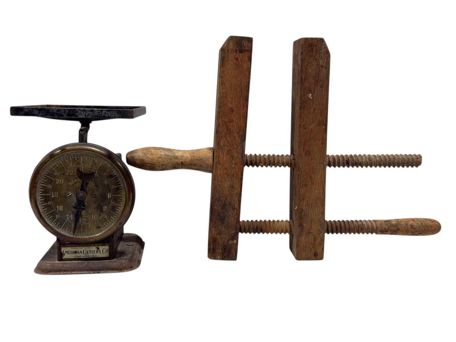 Antique American Cutlery Co. Counter Scale & Wooden Screw Press (1 of 13)