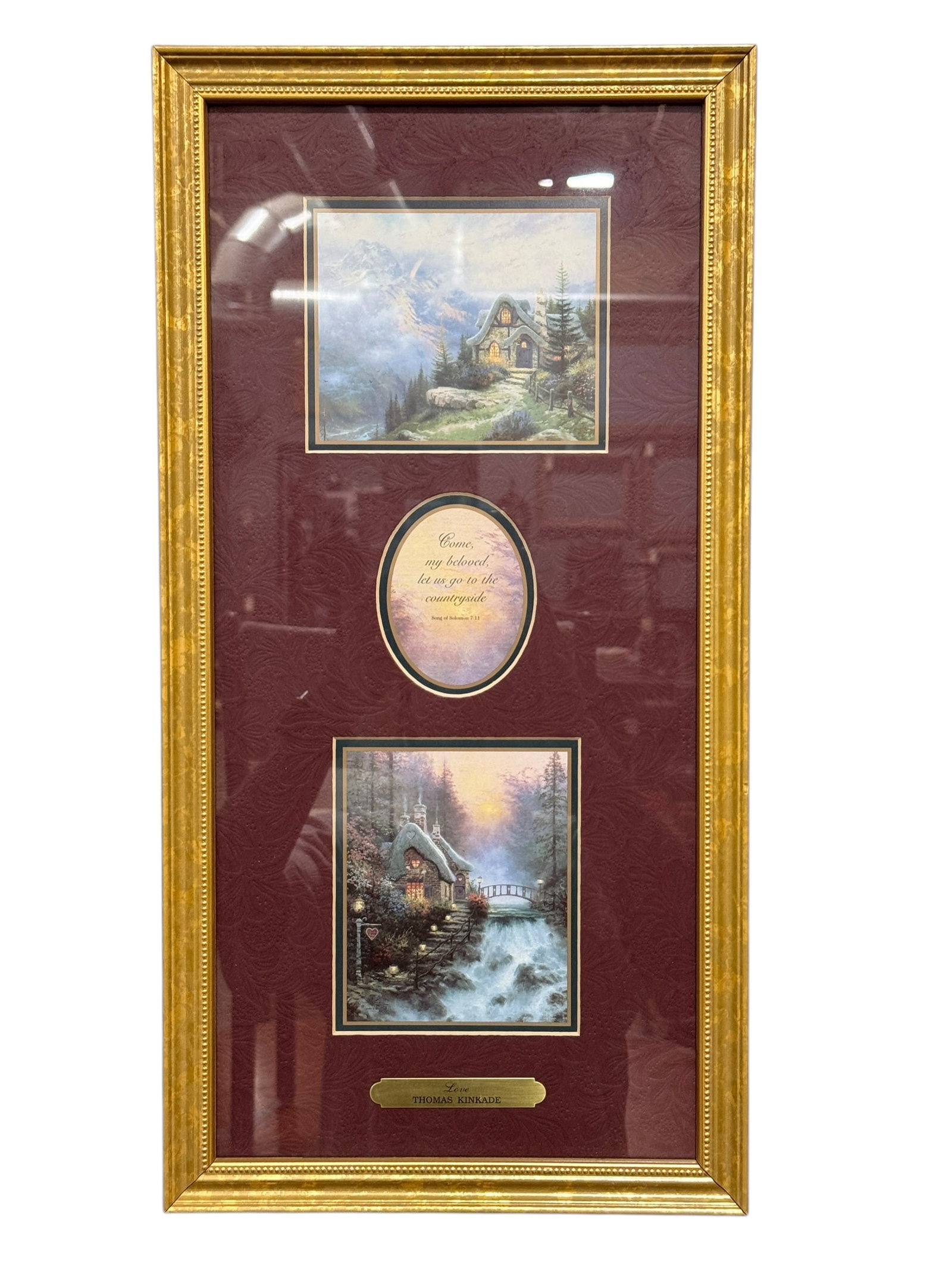 Thomas Kinkade "Love" Accent Print, Inspirational Lithograph w/ Dual Cottage Scenes: A decorative and collectible Thomas Kinkade “Love” Accent Print, published by Lightpost Publishing and dated June 16, 2000, featuring two of Kinkade’s signature idyllic cottage landscapes—