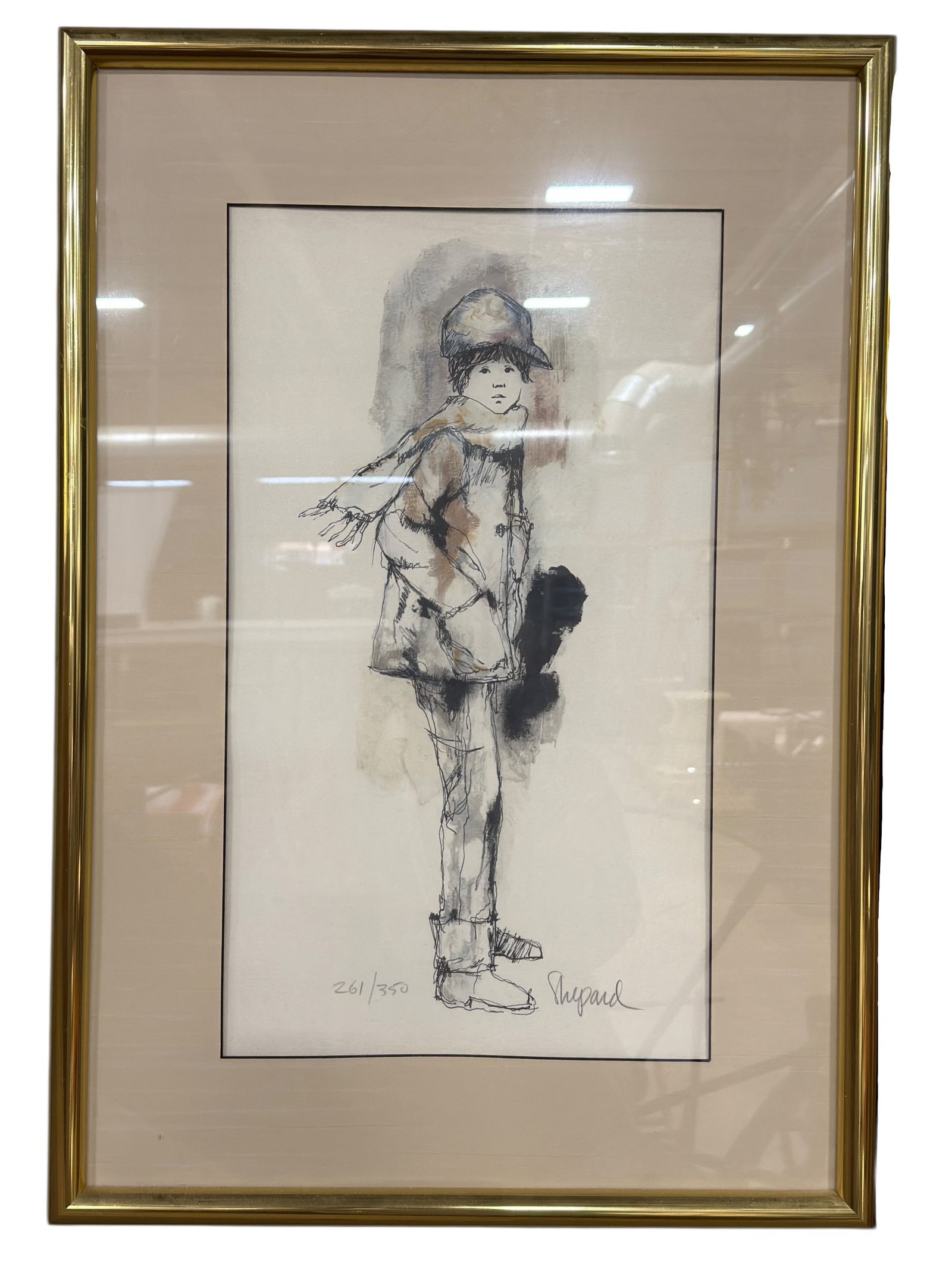 Sighed Shepard Limited Edition Lithograph "Boy in Winter Coat": A companion limited edition lithograph by Ernest (Ernie) Shepard, depicting a young boy dressed in a winter coat with scarf and cap, rendered in the artist’s signature expressive linework with soft,