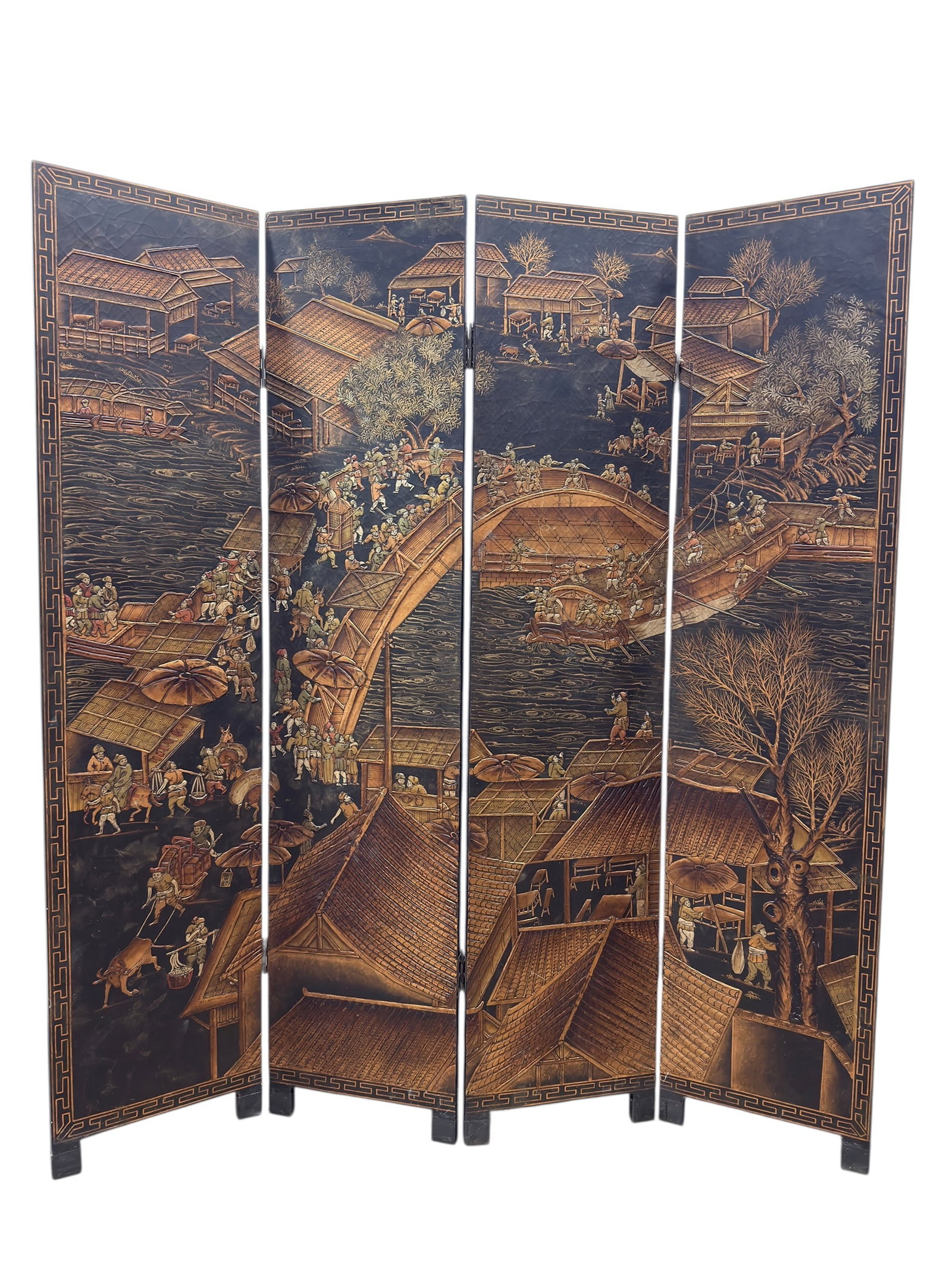 Asian-Style 4 Panel Folding Screen w/ Village Bridge Scene & Bamboo Reverse (1 of 10)
