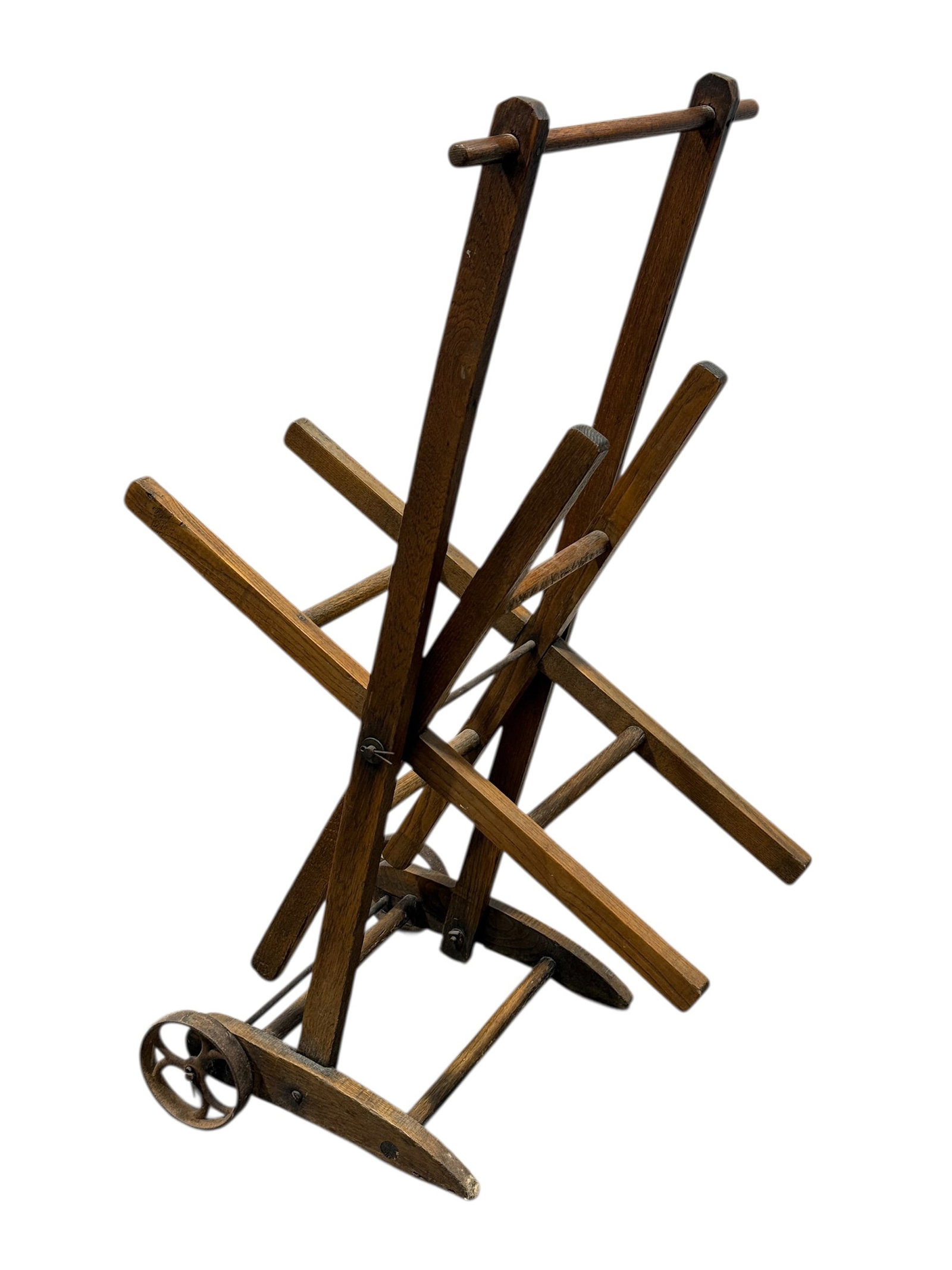 Antique Oak Folding Yarn Swift / Skein Winder on Stand w/ Iron Wheels (1 of 7)
