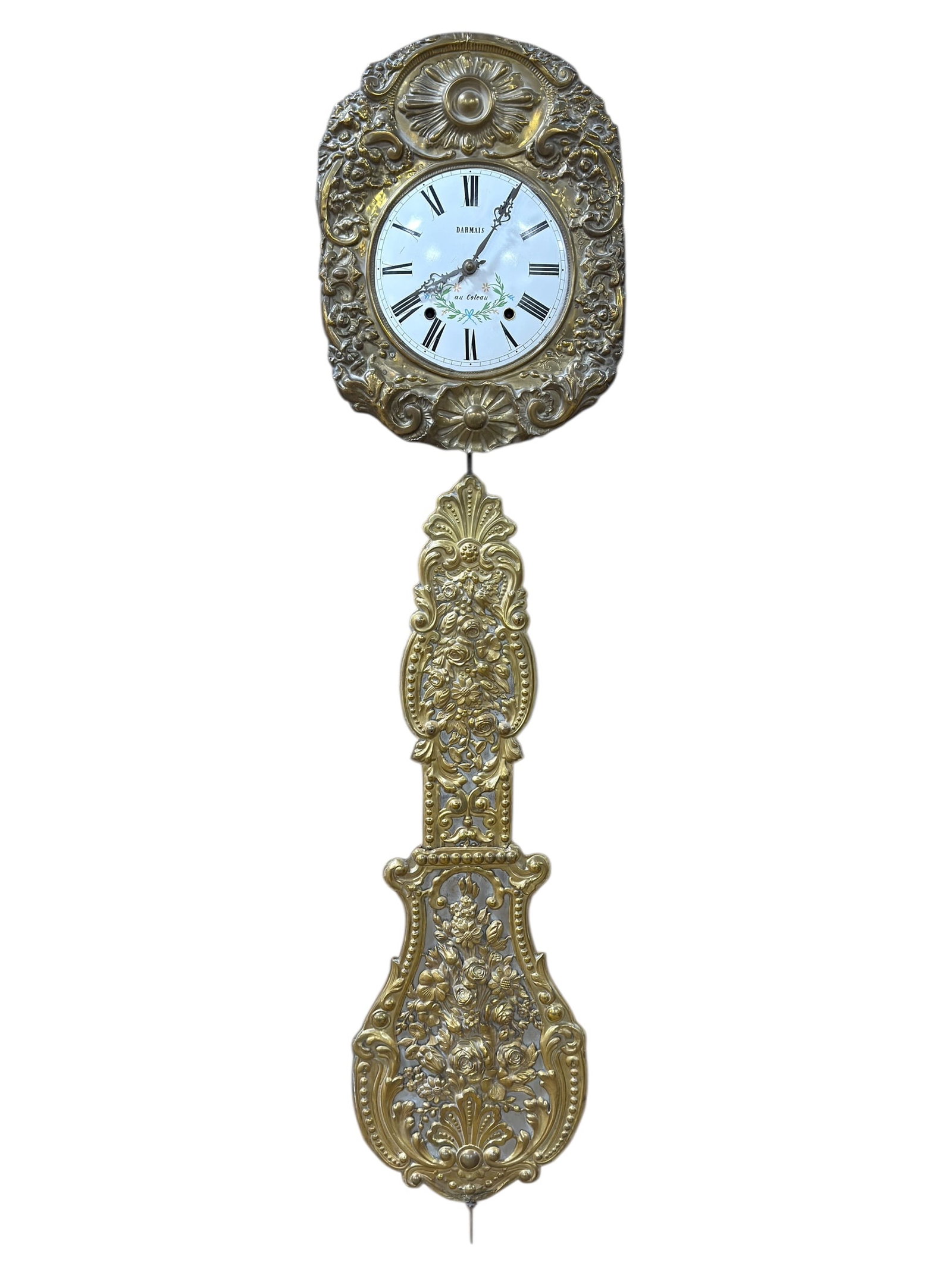 Late 19th C. French Morbier "Darmais au Coteau" Wall Clock, Embossed Brass (1 of 9)