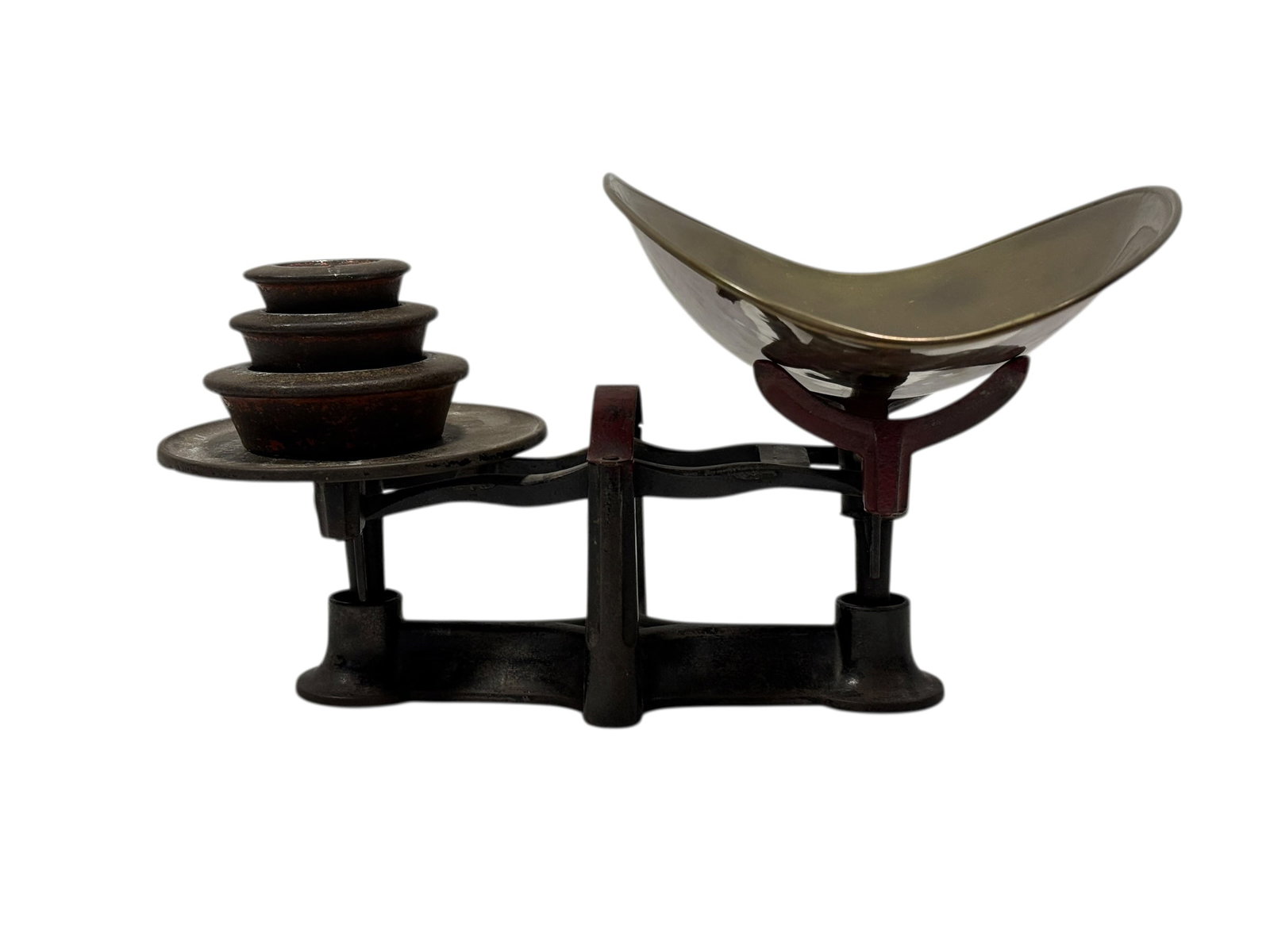 Antique Cast Iron Counter Balance Scale w/ Brass Scoop & Weights (1 of 5)