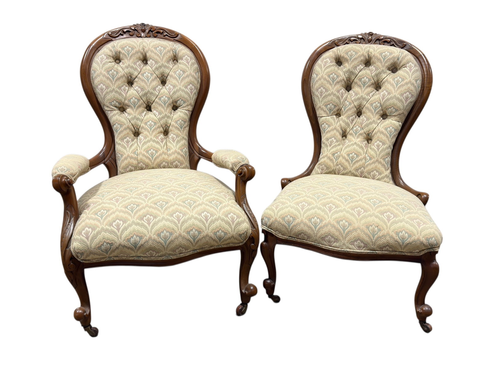 Pair of Victorian-Style Carved Walnut Upholstered Chairs (1 of 13)