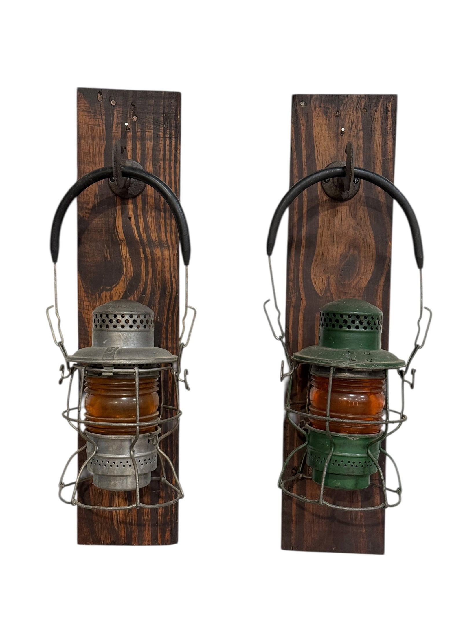 Vintage Railroad Lantern Wall Sconce on Rustic Wood Mounts (Pair) (1 of 9)
