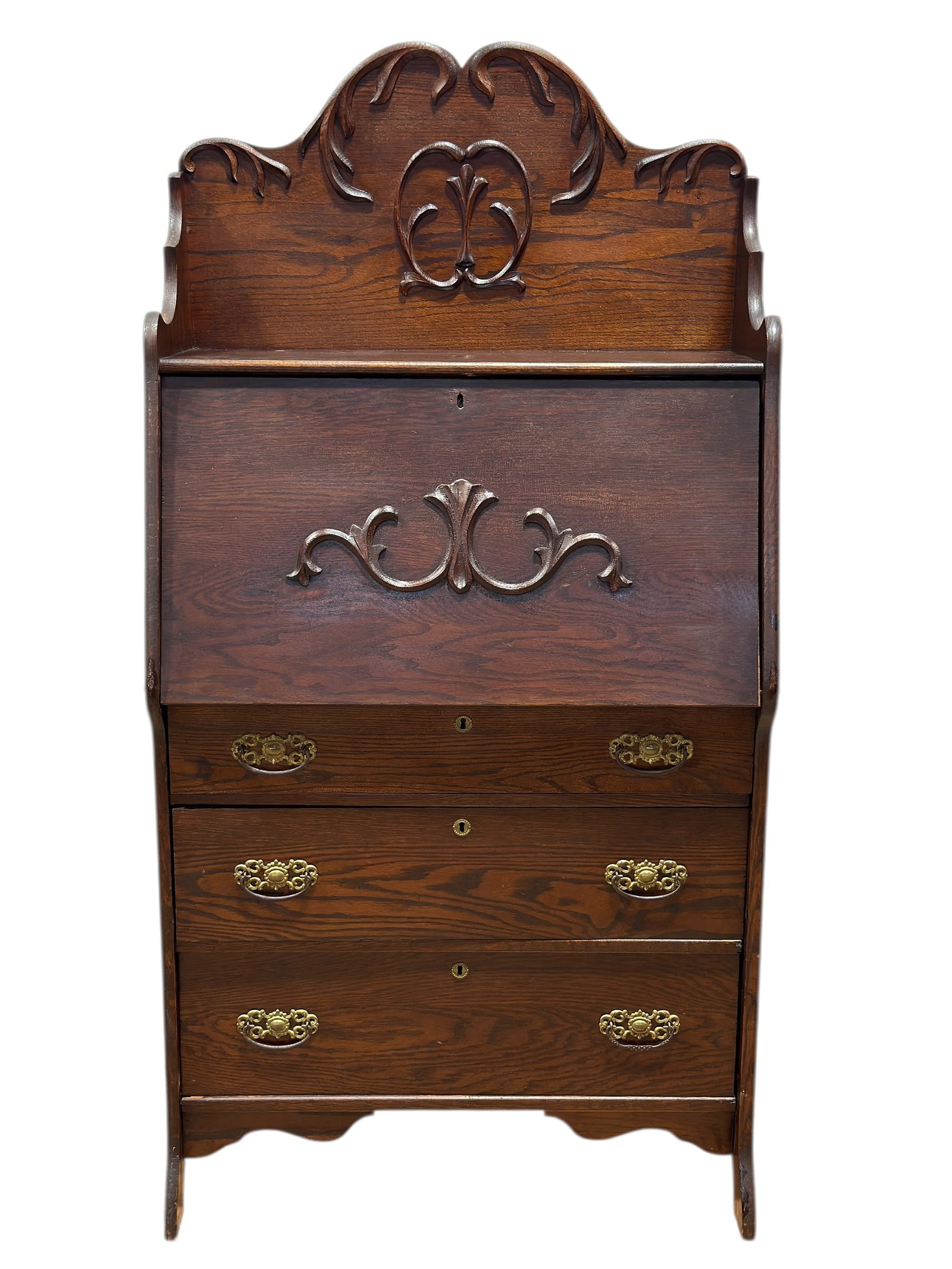 Antique American Carved Oak Drop-Front Secretary Desk (1 of 7)