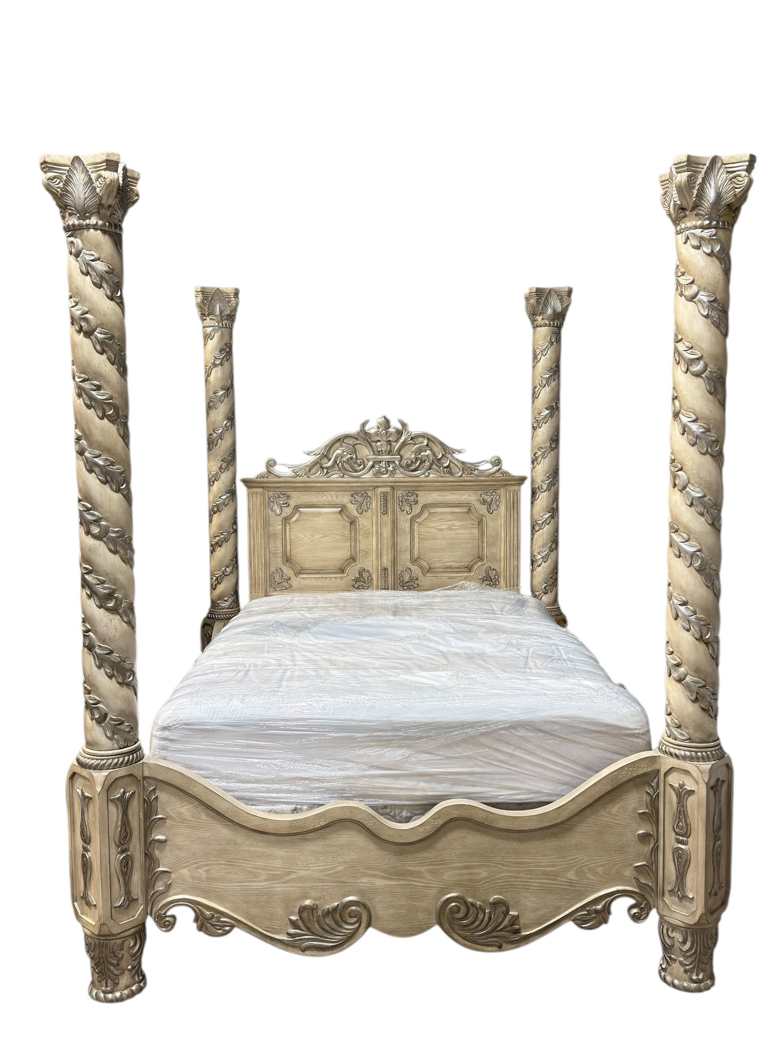 Ornate Carved Four-Poster Queen Bed w/ Gilded Accents (1 of 6)