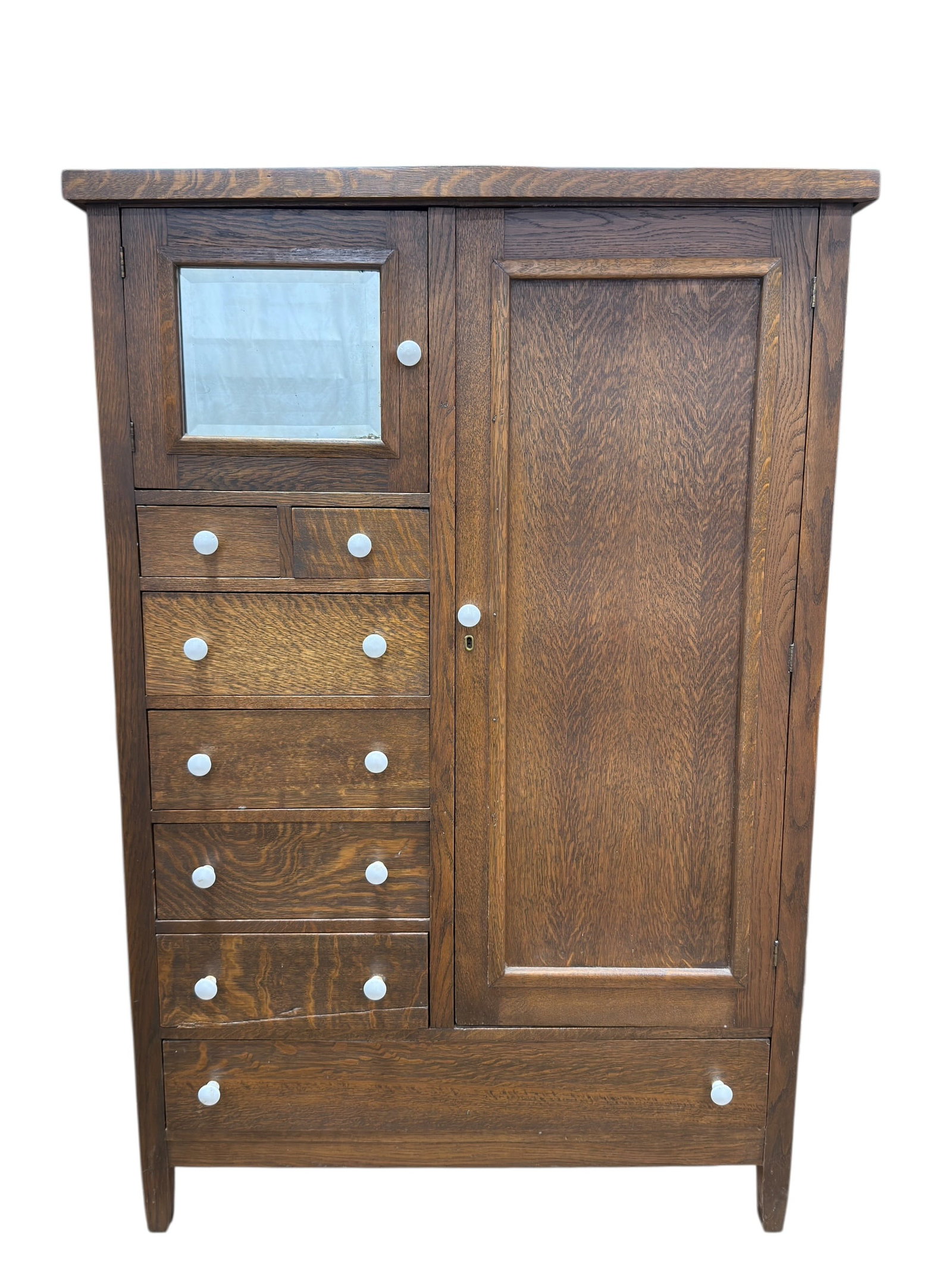 Antique Arts & Crafts Tiger Oak Wardrobe w/ Hat Box (1 of 11)