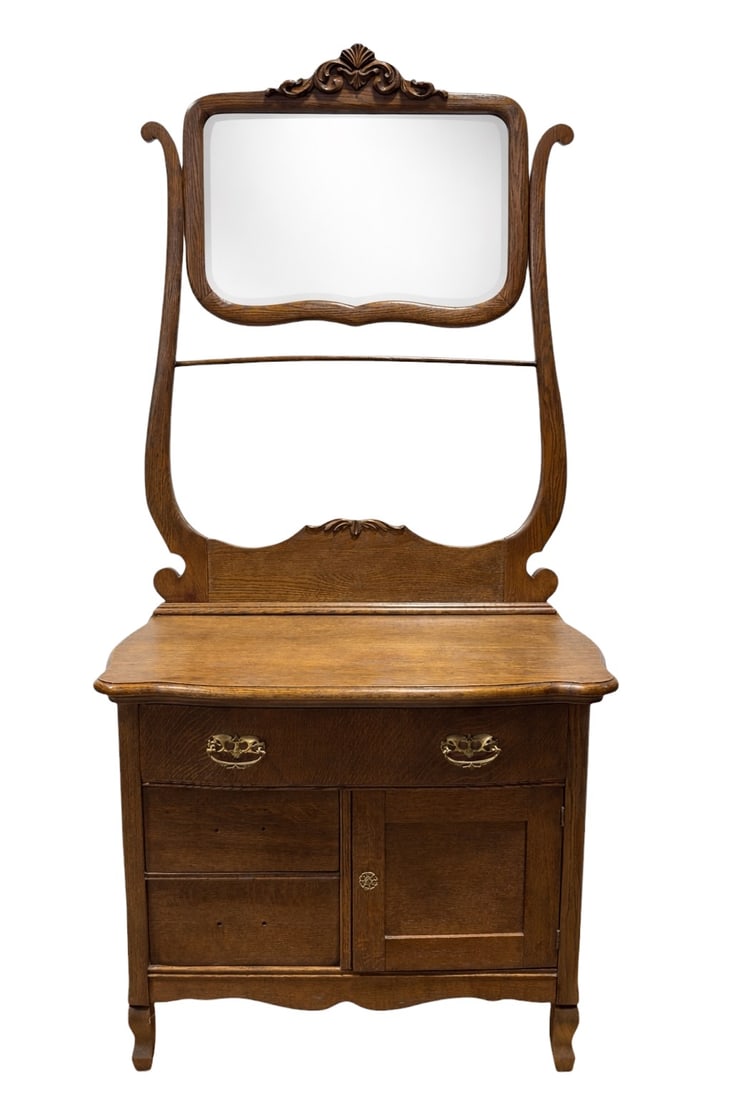 Antique Oak Washstand w/ Mirror & Towel Bar (1 of 7)