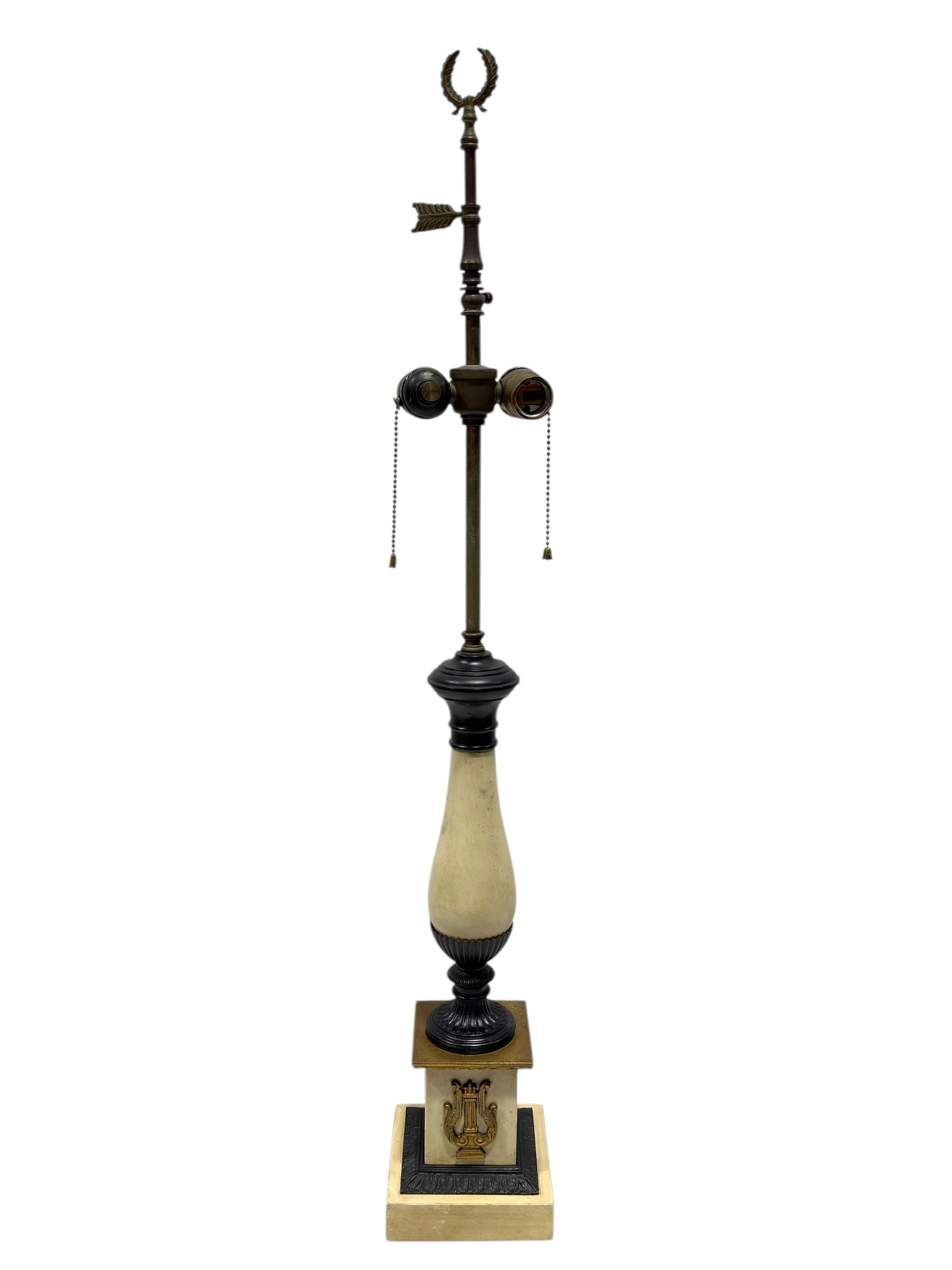 Mid-20th C. Warren Kessler Art Deco Style Table Lamp: Mid-20th century Art Deco style table lamp by Warren Kessler, retaining its original figural and neoclassical-inspired design elements with a stepped square base accented by applied lyre motifs, a flu