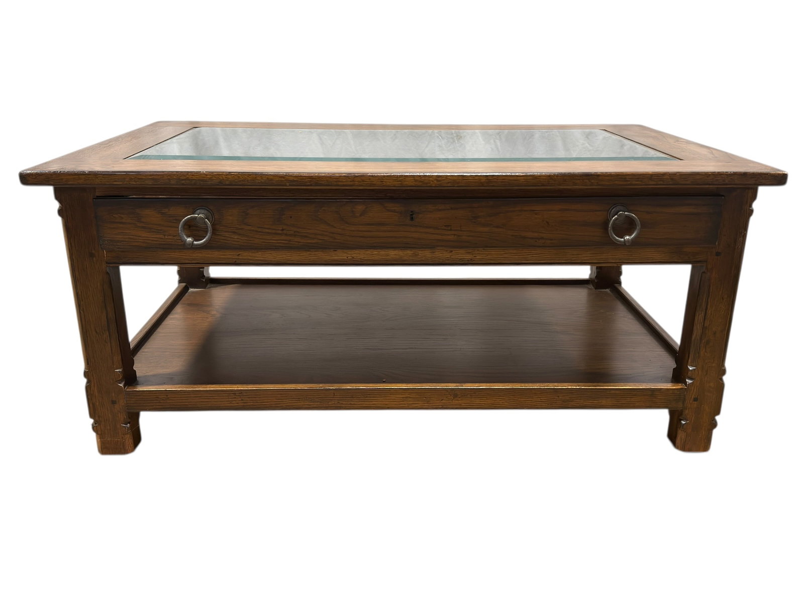 Rustic Style Glass Top Oak Coffee Table w/ Drawer (1 of 7)