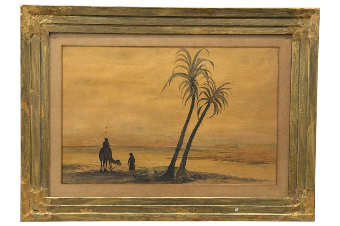 20th C. Middle Eastern Desert Landscape Scene Pastel, Framed: A warm and atmospheric Middle Eastern-inspired garden landscape pastel, likely mid-20th century, depicting a tranquil shoreline or oasis at sunset with two slender palm trees rising at right and a sil