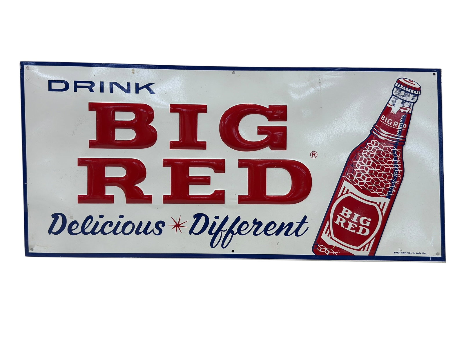 Vintage Big Red Soda "Drink Big Red" Embossed Metal Sign: A classic mid-century embossed metal advertising sign for Big Red soda featuring bold raised red “BIG RED” lettering centered on a clean white field with blue border, accented by the slogan ��