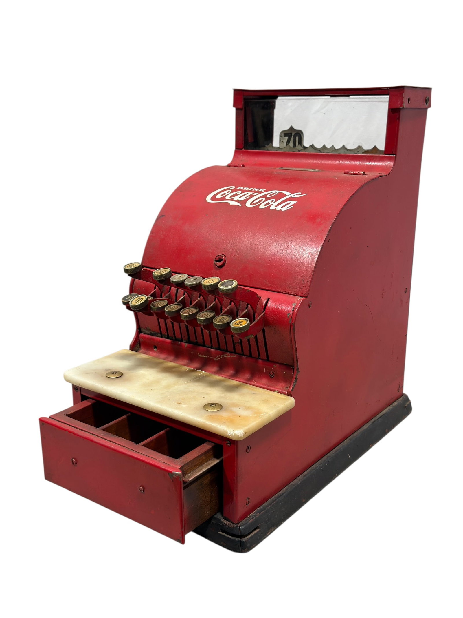 Vintage Coca-Cola Model 711 Cast Iron Cash Register: Vintage Coca-Cola Model 711 cast iron cash register in iconic red finish with white “Drink Coca-Cola” script across the front, featuring a glass display window with internal price indicators,