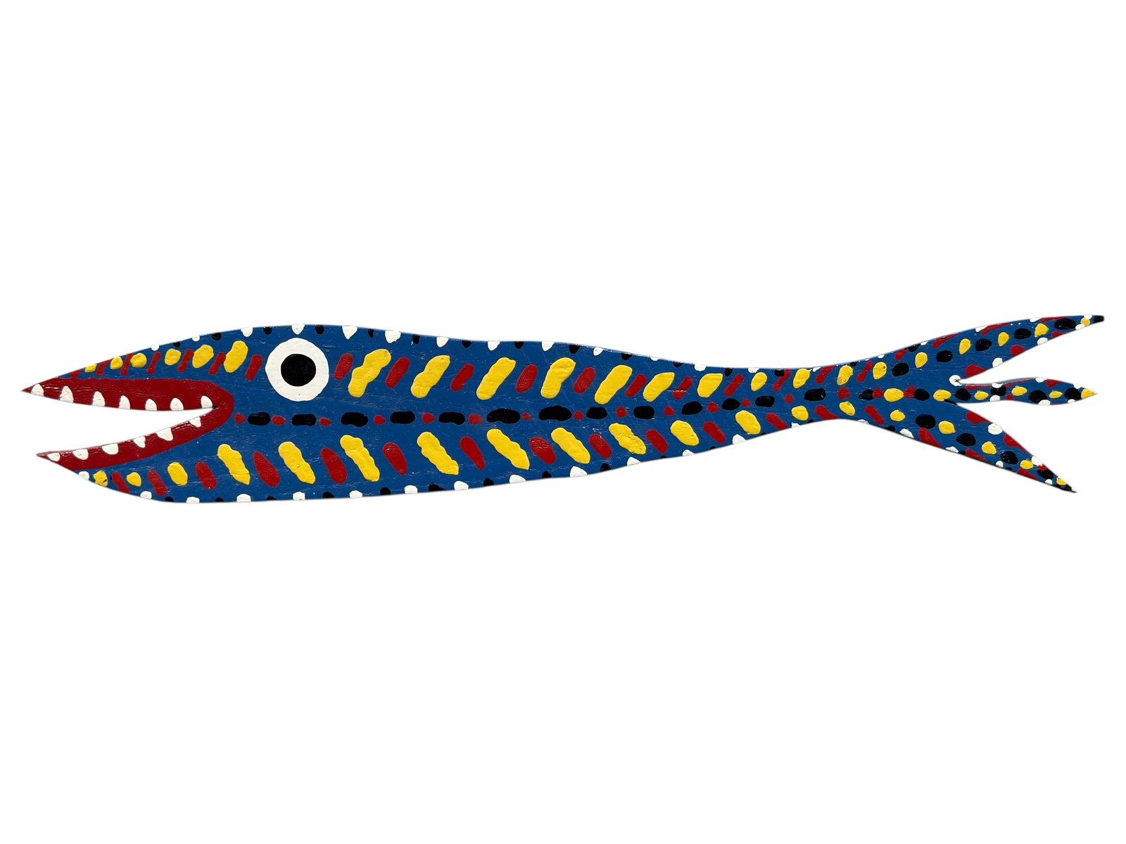 Signed "Bebo" Folk Art Hand-Painted Wooden Fish Wall Sculpture: Whimsical hand-painted folk art wall sculpture in the form of an elongated fish, crafted from cut wood and decorated in a bold, eye-catching palette of blue with red, yellow, and white dotted striping
