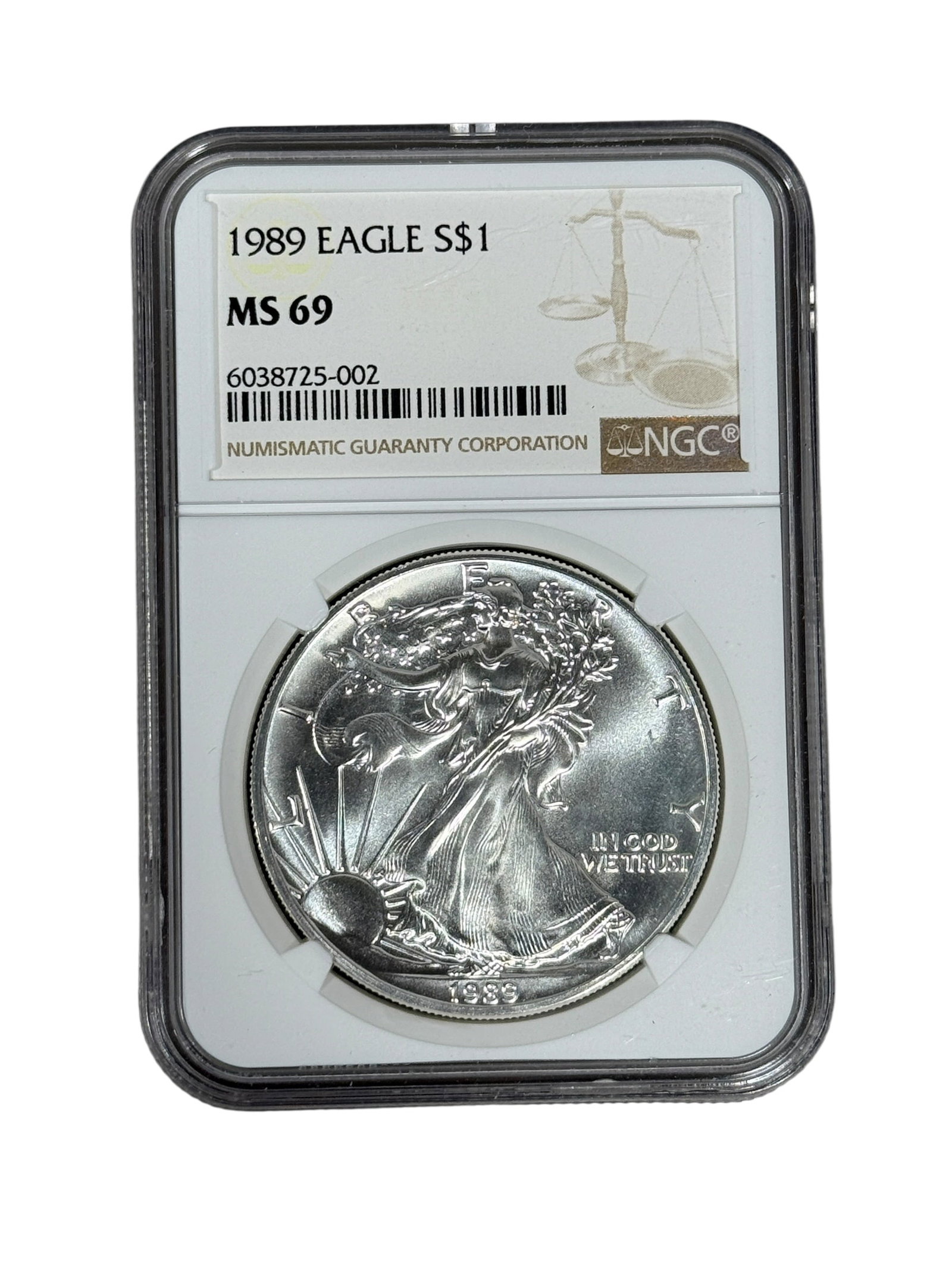 1989 Eagle S$1 MS 69: 1989 Eagle S$1 MS 69. Graded by Numastic Grading Co.