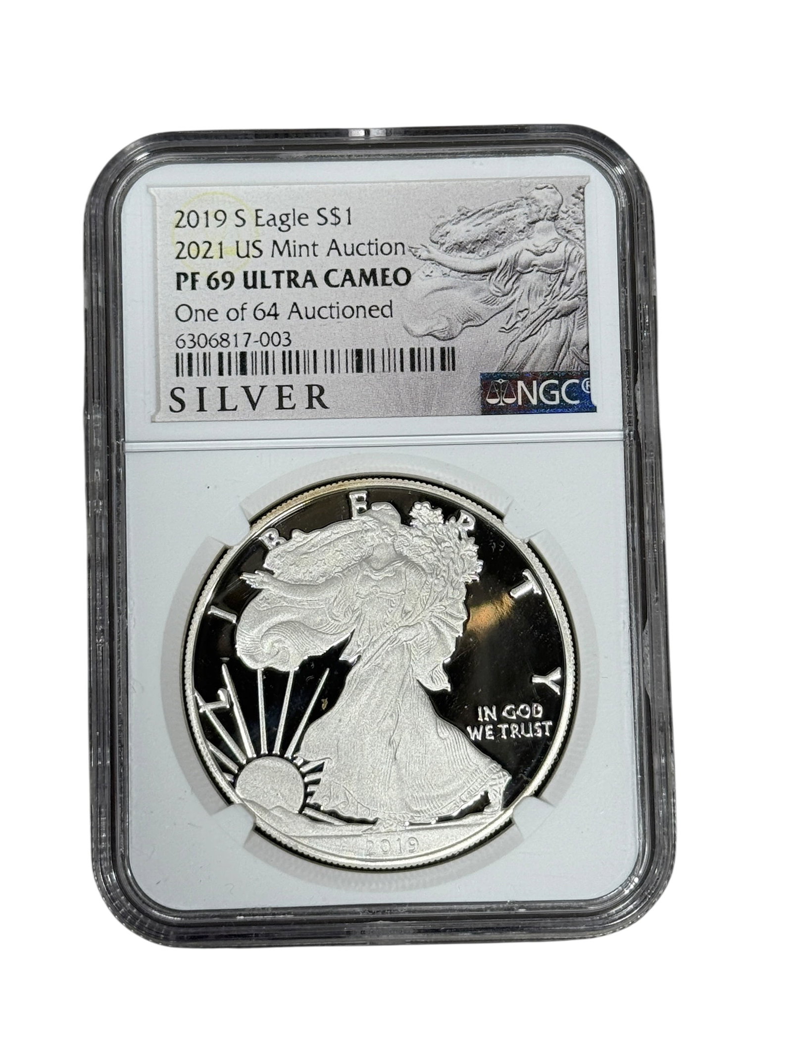2019 (S) Eagle S$1 2021 US Mint Auction PF 69 Ultra Cameo: 2019 (S) Eagle S$1 2021 US Mint Auction PF 69 Ultra Cameo. Graded by Numastic Grading Co.