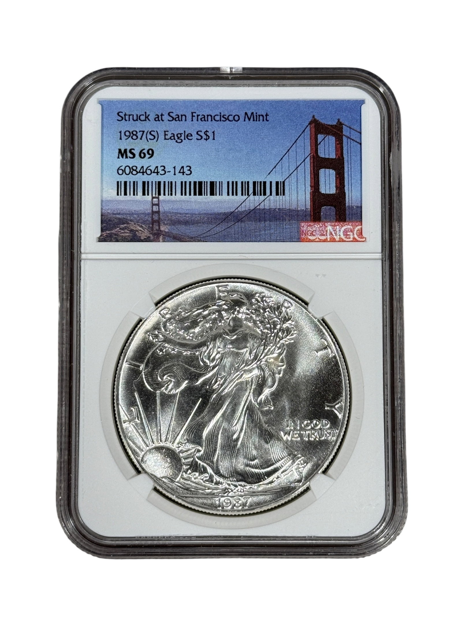 Struck at San Francisco Mint 1987 (S) Eagle S$1 MS 69: Struck at San Francisco Mint 1987 (S) Eagle S$1 MS 69. Graded by Numastic Grading Co.