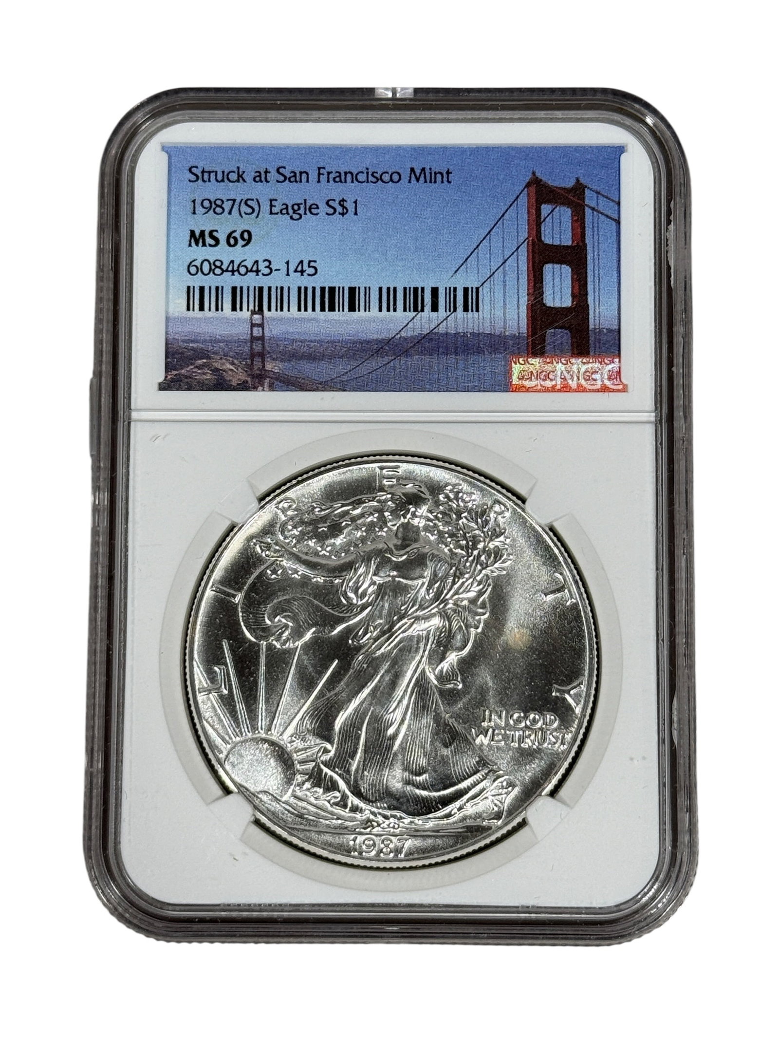 Struck at San Francisco Mint 1987 (S) Eagle S$1 MS 69: Struck at San Francisco Mint 1987 (S) Eagle S$1 MS 69. Graded by Numastic Grading Co.