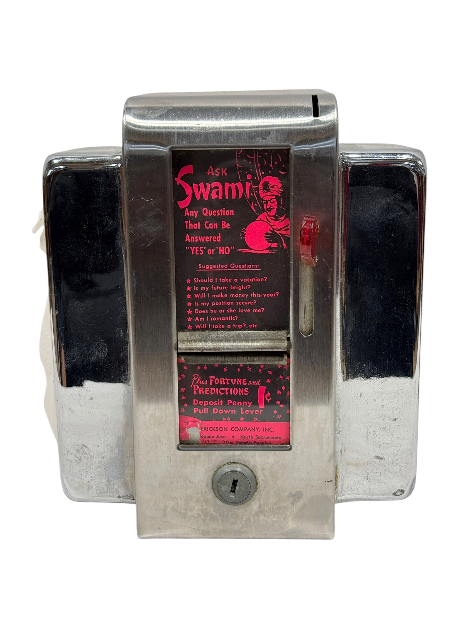 Vintage "Ask Swami" Coin-Operated Fortune Teller Napkin Dispenser, F.E. Erickson Co.: Mid-century coin-operated countertop novelty dispenser combining a napkin holder with an “Ask Swami” fortune-telling mechanism, featuring a polished chrome-plated all-metal body with classic b
