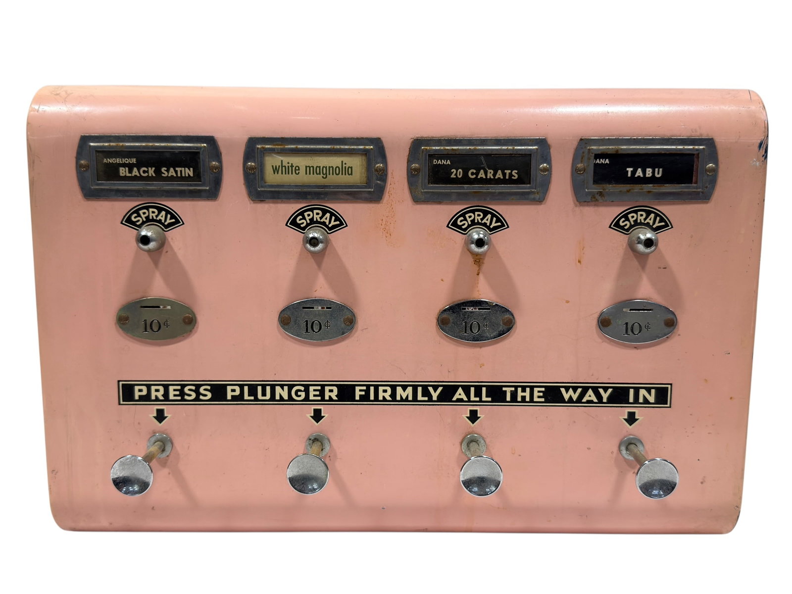 Vintage Multi-Scent Coin-Operated Perfume Dispenser "Perfumatic" by Jo-Lo: Classic mid-century countertop coin-operated perfume vending machine in its original pink painted metal housing, featuring four selectable fragrance options labeled “Black Satin,” “White Mag