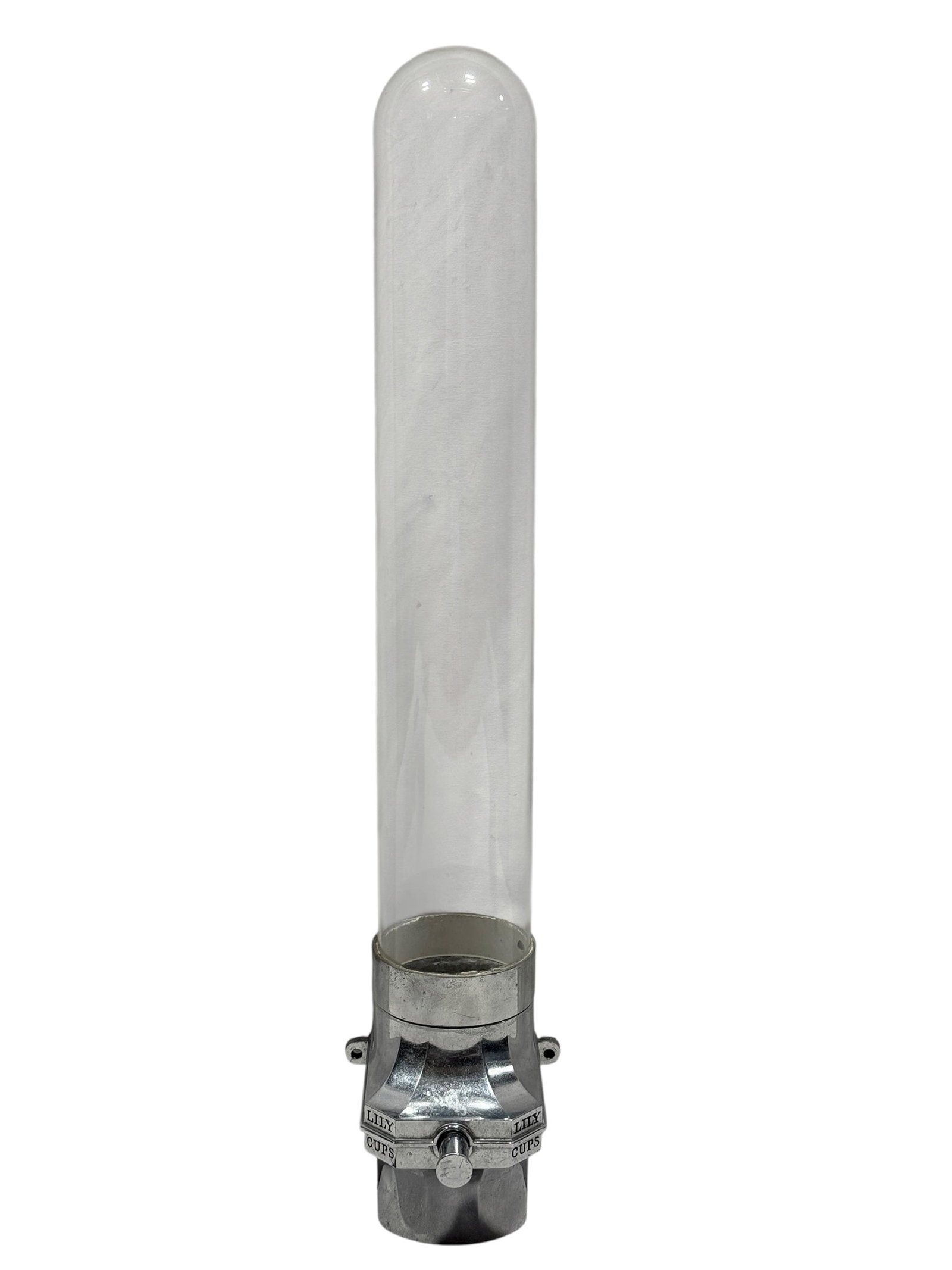Vintage Lily-Tulip Cup Corp. Wall-Mounted Soda Fountain Cup Dispenser: Mid-century wall-mounted soda fountain or concession stand cup dispenser manufactured by Lily-Tulip Cup Corp., New York, N.Y., retaining its original clear glass tube and polished chromed metal body w