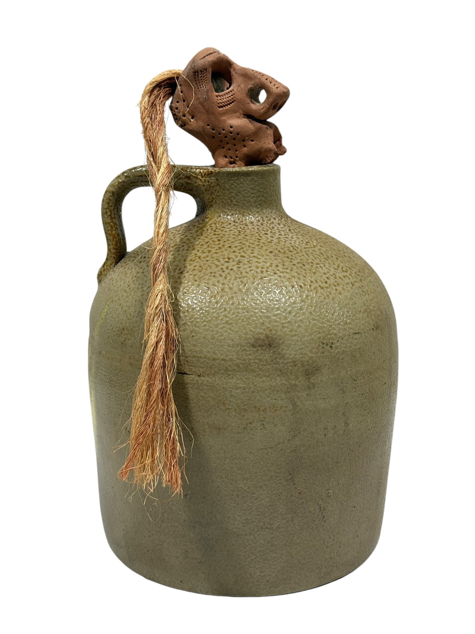 Albany Slip Glazed Stoneware Jug with Figural Folk Art Stopper (1 of 11)