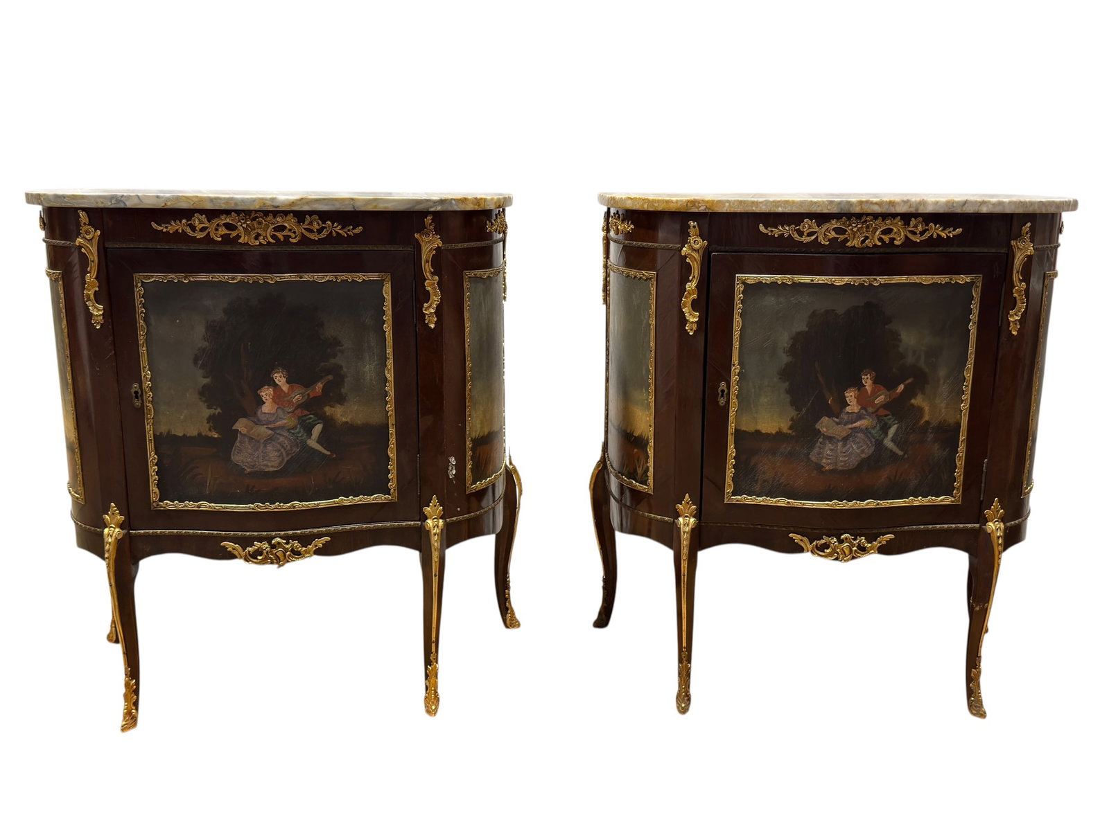 Pair of French Louis XV Style Marble Top Bombe Cabinets (1 of 14)