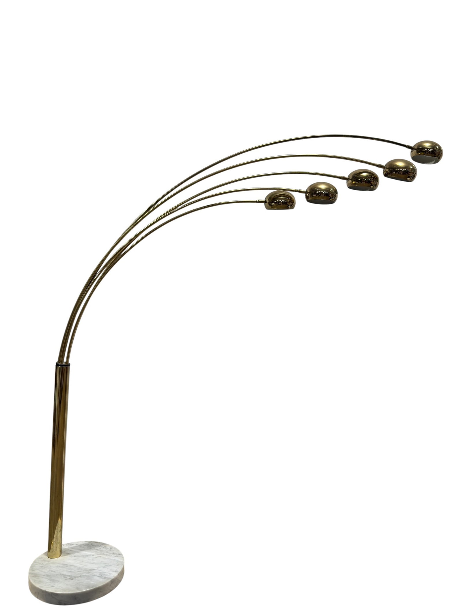 MCM Brass 5 Light Arc Floor Lamp w/ Marble Base: Large vintage mid-century modern five-light arc floor lamp featuring a polished brass-tone finish with sweeping graduated arms terminating in rounded dome-form shades. The lamp is mounted on a substan