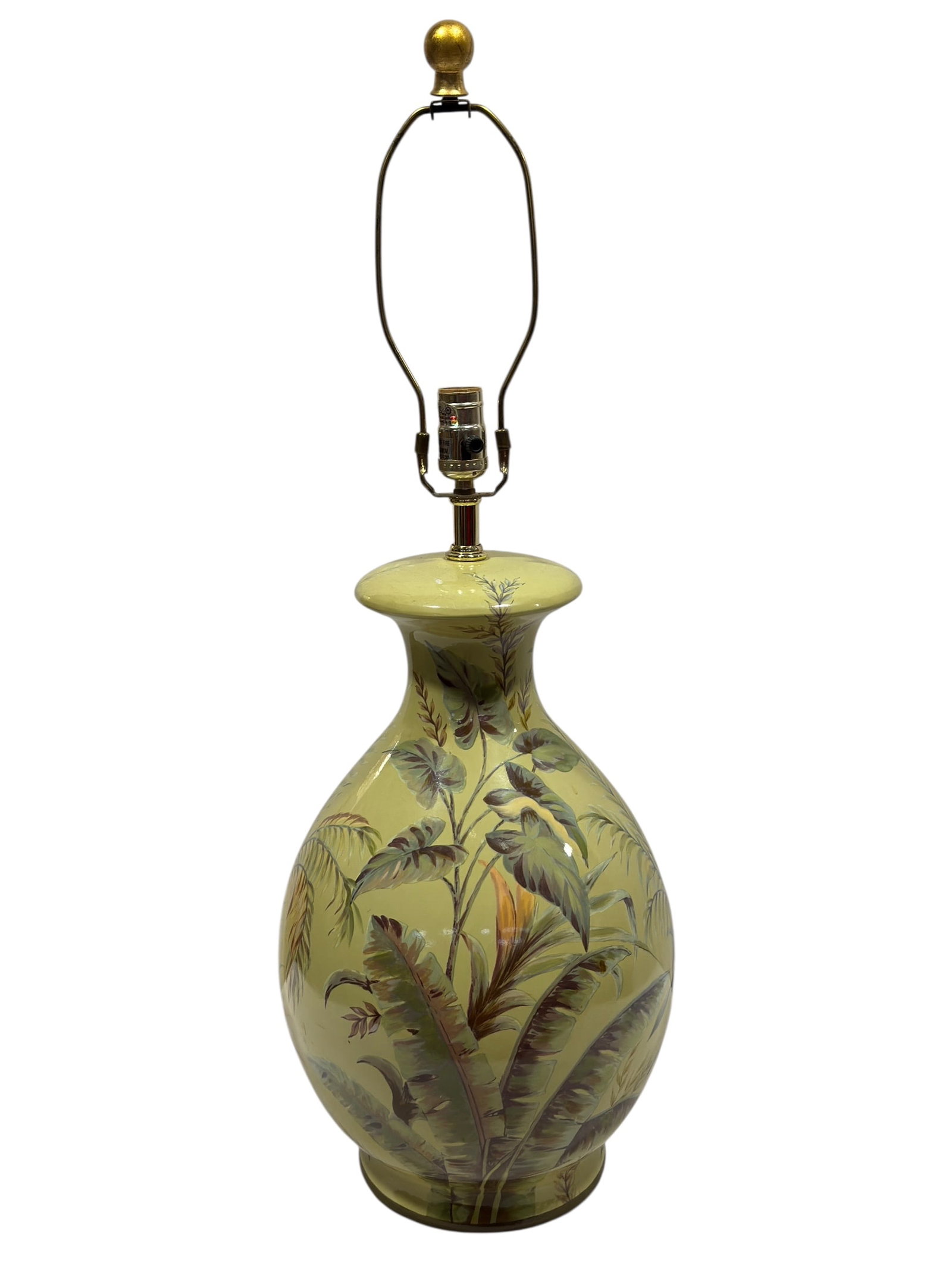 Large Tropical Botanical Porcelain Table Lamp: Large contemporary porcelain table lamp of baluster vase form decorated with hand-painted tropical botanical foliage including banana leaves and palm fronds against a pale celadon-green ground. The la