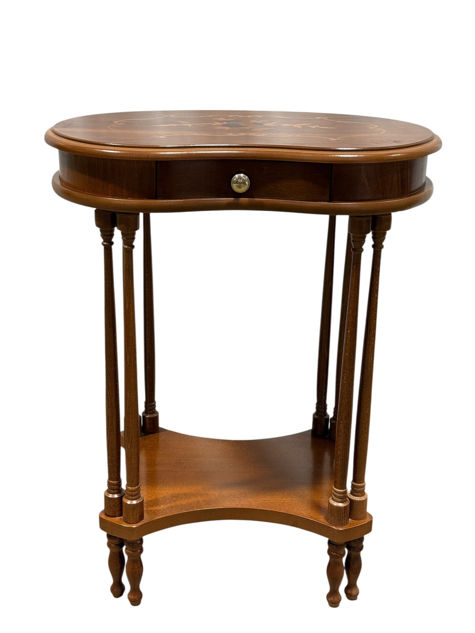 Kidney Shaped Inlaid One Drawer Accent: Elegant traditional kidney-shaped accent featuring a richly finished top with decorative floral marquetry-style inlay centered within a scrolling border motif. The table is crafted in a warm medium wa